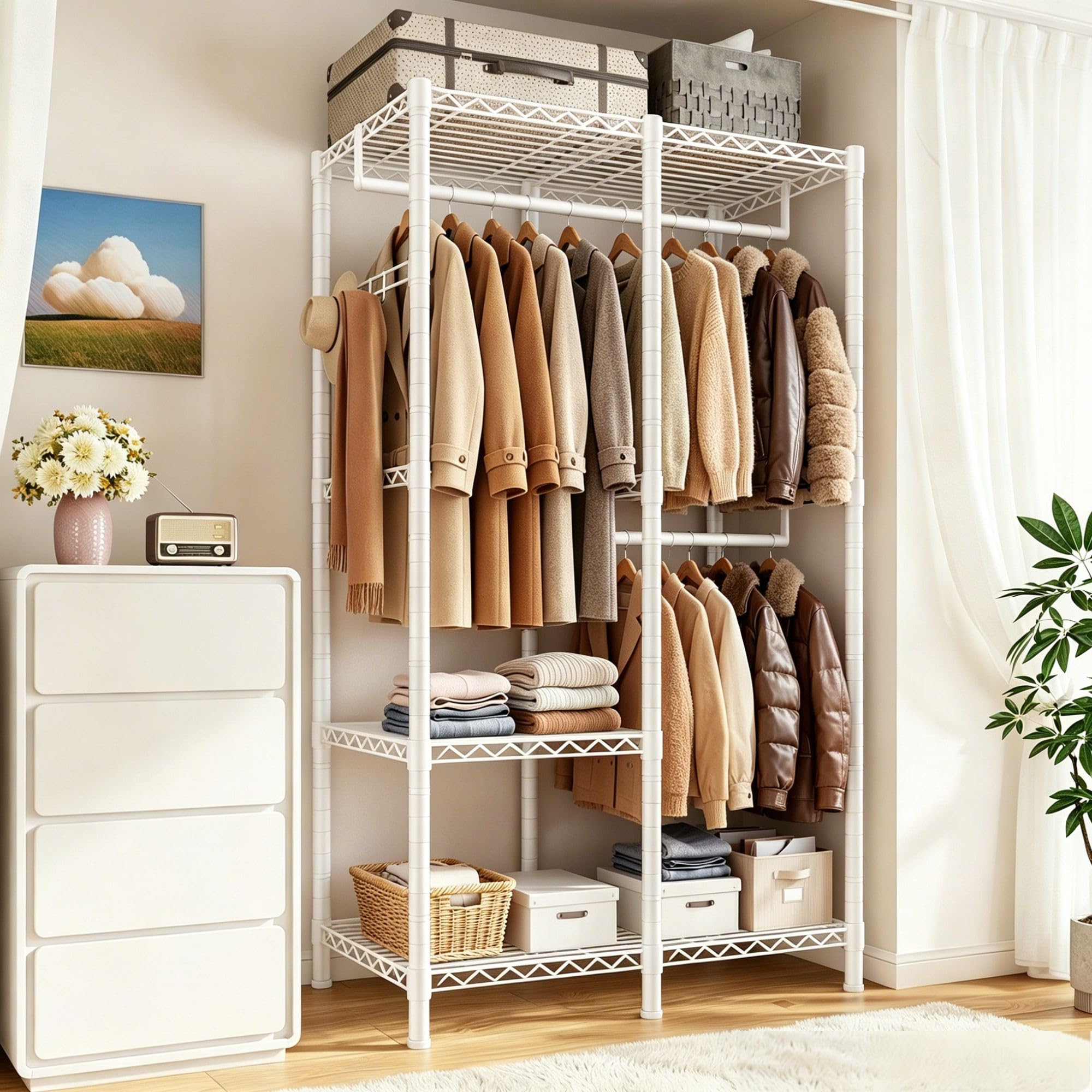 Portant à vêtements solide, Penderie Vêtement Dressing Chambre Adulte avec 3 étagères réglables en hauteur, 2 tringles à vêtements, 4 crochets, métal, 200 KG, 80x40x194,5 cm, pour entrée, Blanc