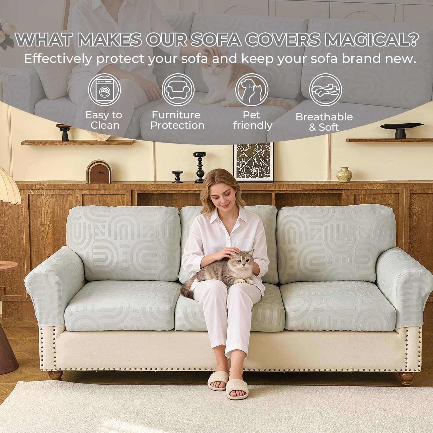 Couch Cushion Covers for Sectional Sofa Seat Cushion Cover Stretch Washable Separate Sofa Slipcovers Wear-Resistant Universal Furniture Protector (Light Gray, 3 PC Seat or Back Covers)