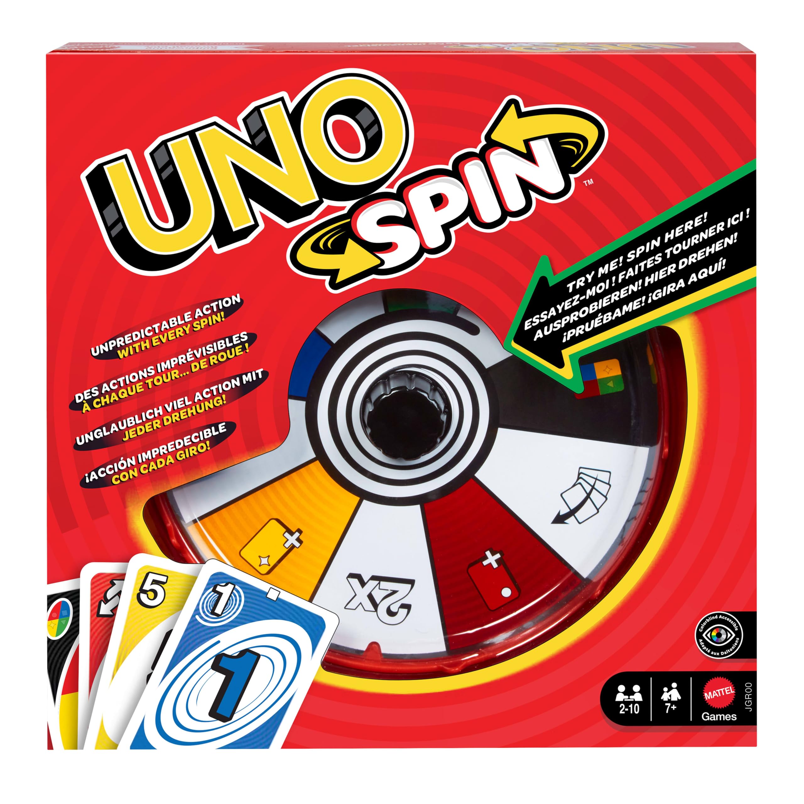 Mattel Games UNO Spin Kartenspiel für Kinder, Erwachsene und Spieleabende mit der Familie, Klassisches Spiel mit Drehscheibe, Neue Herausforderungen und Regeln, Aktivität bei schlechtem Wetter, JGR00