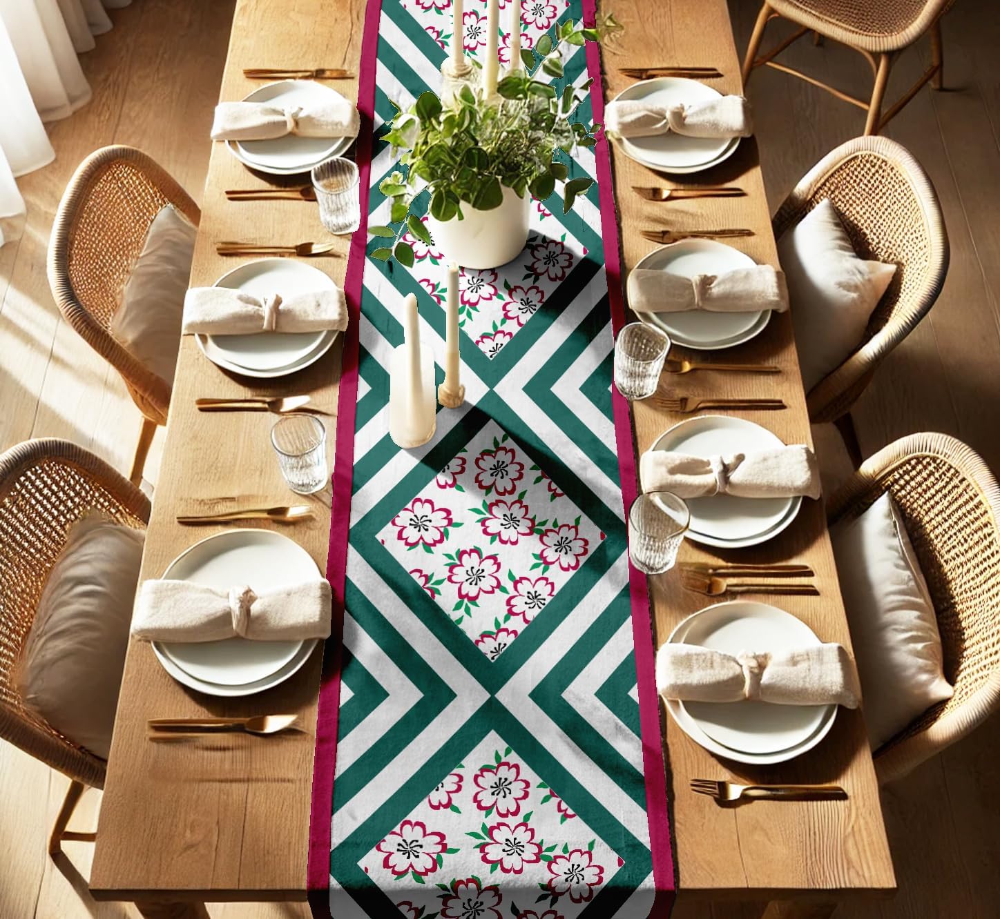 Geometric Pattern Cotton Table Runner by Vargottam - Double Layer with Border - Washable Runner - Decorative Table Linen for Dining & Everyday Use