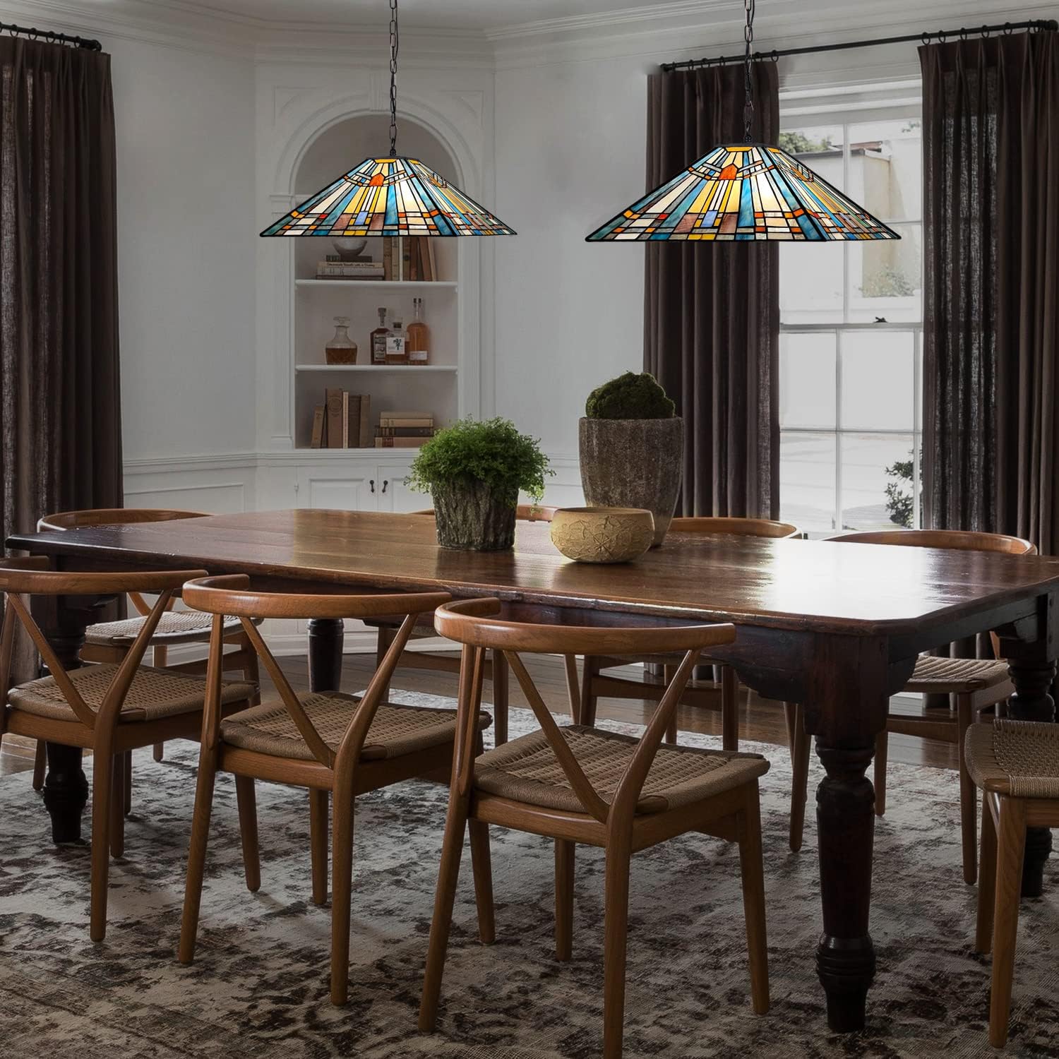 Tiffany Pendant Light Fixtures Hanging Lamp 2 Lights 16 inch Large Mission Style Vintage Stained Glass Pendant Hanging Lighting for Kitchen Island Dining Room Bedroom