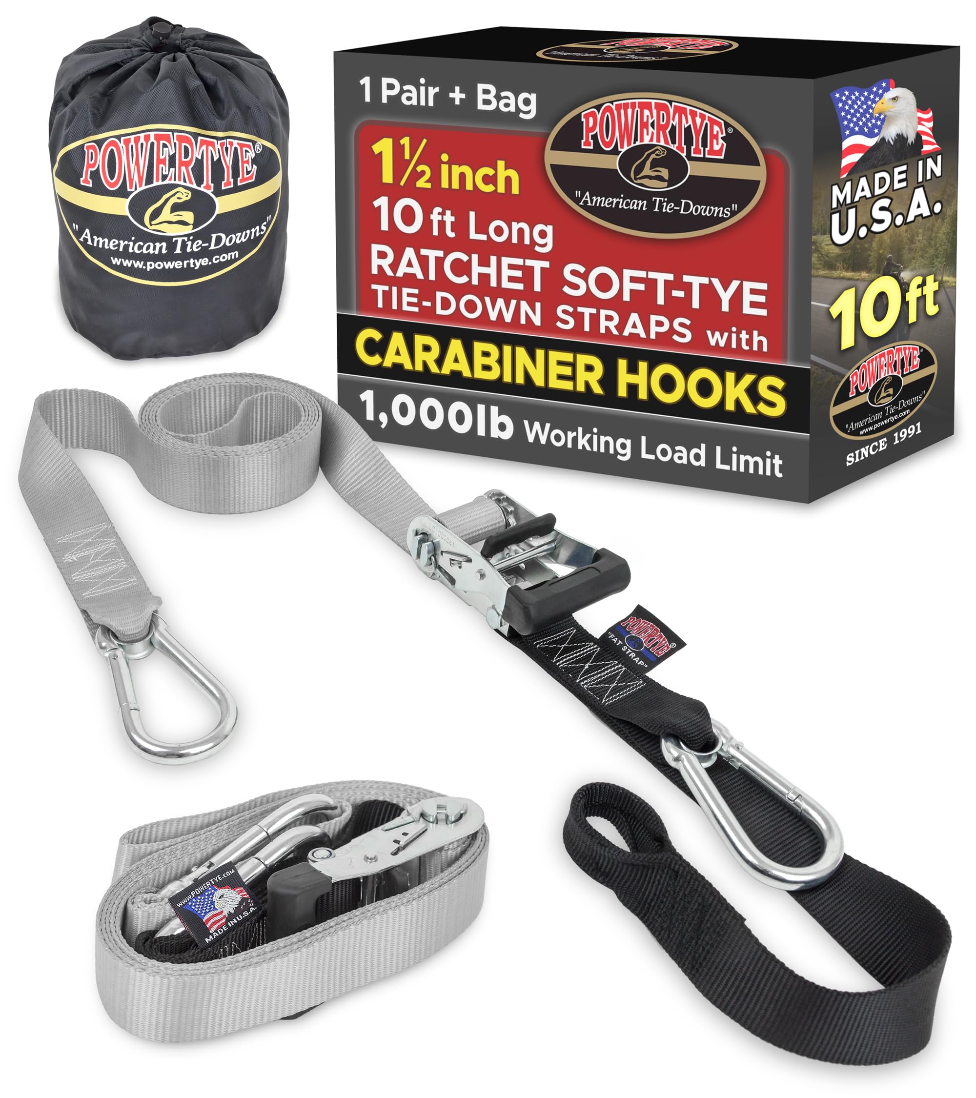 PowerTye 1.5 inch x 10ft Ratchet Straps w/Carabiners, Silver/Black Pair+Bag