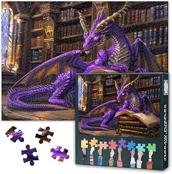 Jigsaw Puzzles for Adults -Enchanting Purple Dragon in Mystical Library