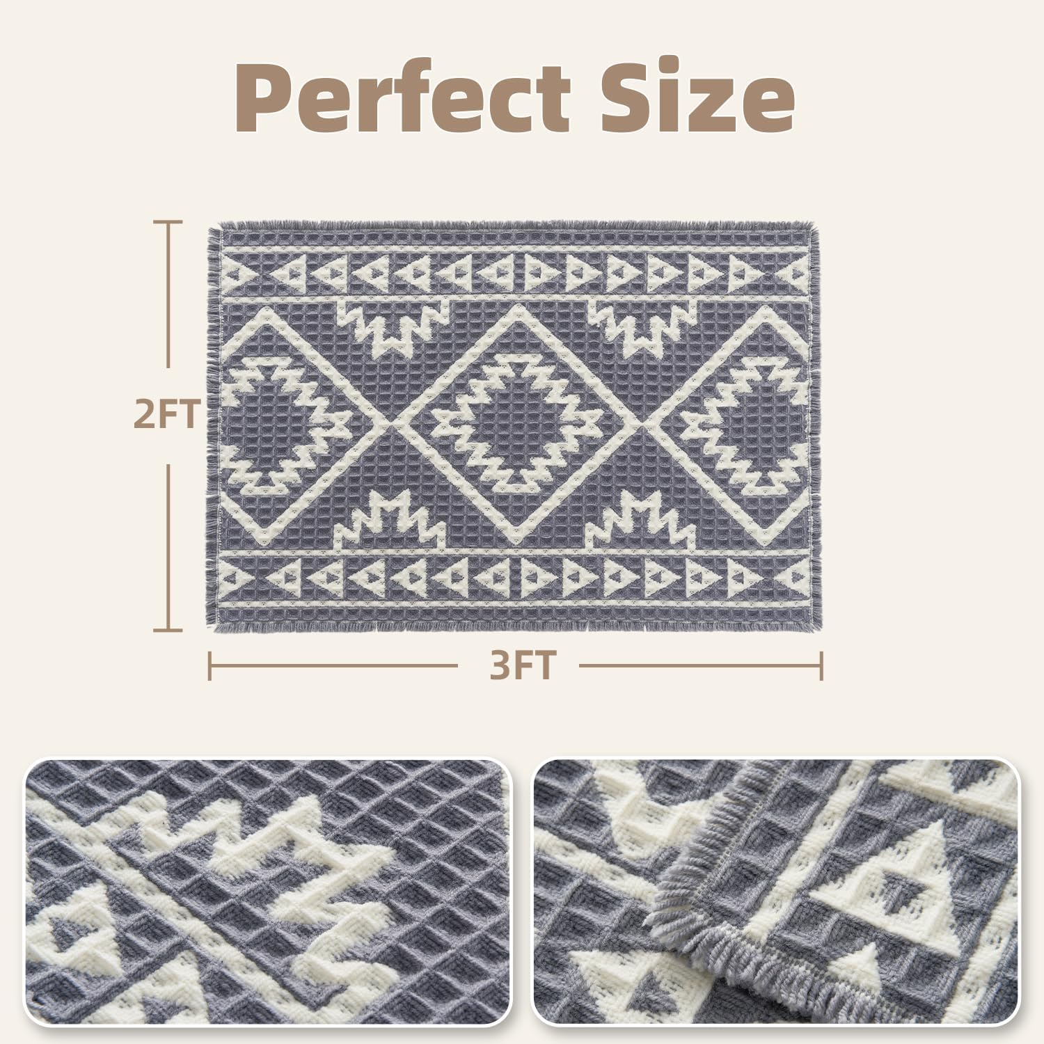 PADOOR-Waffle Bath Mat 24"x36"-Super Absorbent Bath Mats for Bathroom, Machine Washable Non Slip Bathroom Rug with Tassels, Soft Bathroom Mat for Laundry Room, Bedroom, Grey & Cream, 2'x 3'