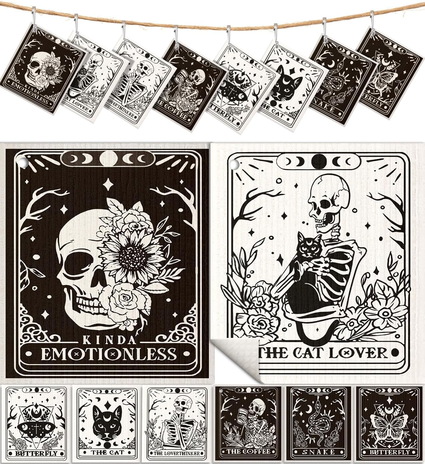 8 Pack Reusable Kitchen Dishcloths - Absorbent, Fast Drying, Washable Swedish Towels with Cute Black Skull Pattern