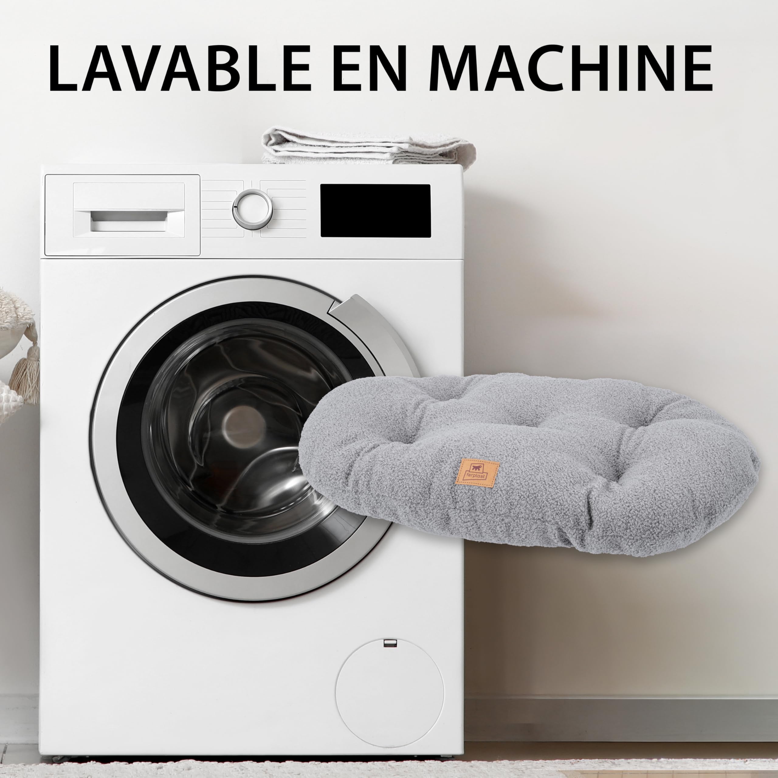 Ferplast Coussin pour Chien de Taille Moyenne, Panier pour Chat, Tissu bouclé synthétique Lavable, Rembourrage Moelleux, 65 x 42 x 4 cm. Gris