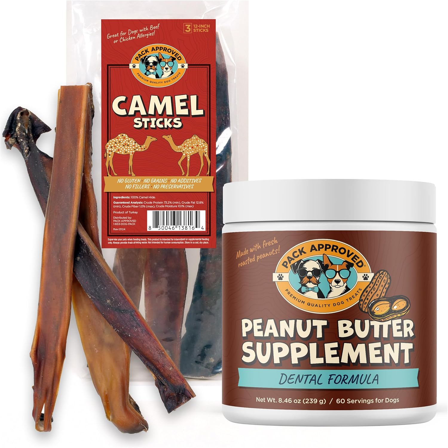 Pack Approved Dog Dental Peanut Butter with Kelp + Camel Chew Sticks Bundle – Plaque & Tartar Remover Dog Treats, Long Lasting Dental Chews for Aggressive Chewers