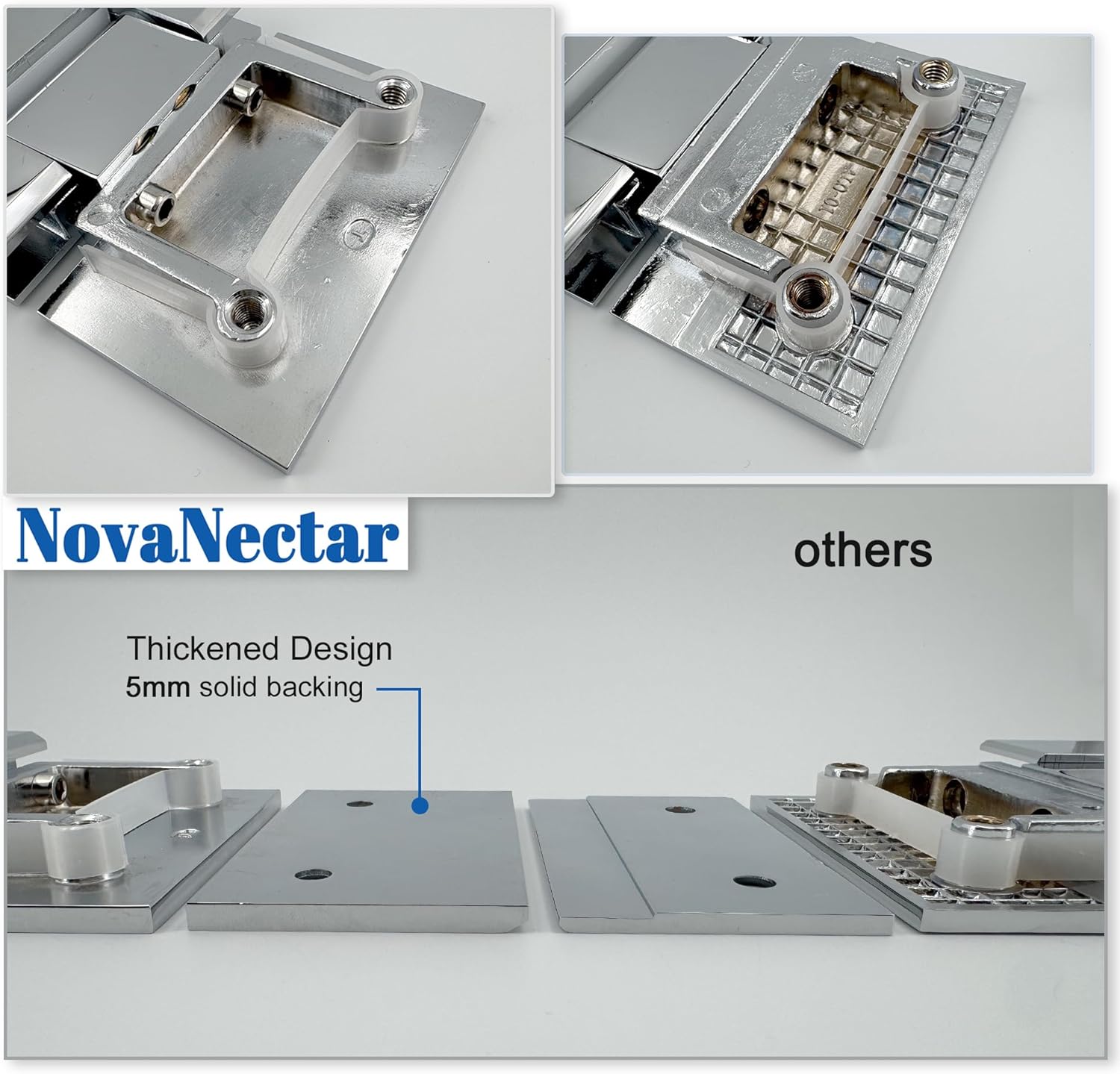 Brass Glass Door Hinge Heavy Duty Short Back Plate Hinges, Shower Door Hardware Replacement for 5/16" to 1/2" (8 to 12 mm) Tempered Glass 135° 180° (Chrome, 180°)