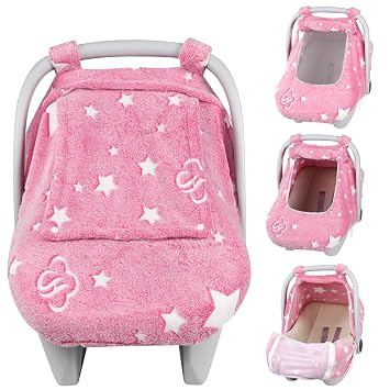 Car Seat Cover Baby Girls Boys, Soft Flannel Infant Carseat Cover with 2 Zipper Windows, Star Carrier Cover Canopy Glow in The Dark, Comfortable & Machine Washable, Hot Pink