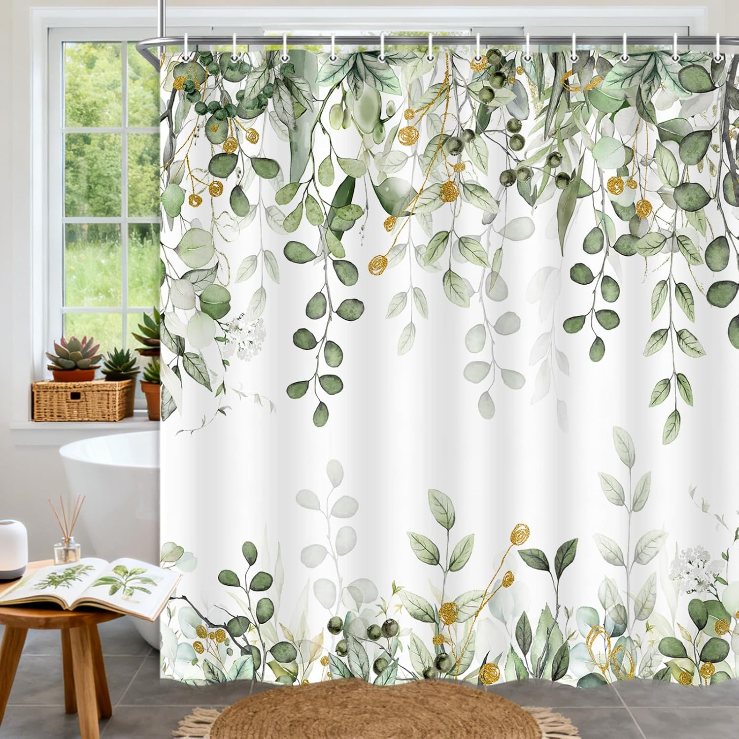 Extra Long Shower Curtain 72X84 Inch, Tall Sage Green Eucalyptus Botanical Shower Curtain, Watercolor Plants Foliage Floral Bathroom Decor, Waterproof Fabric Bathroom Curtains Set with Hooks