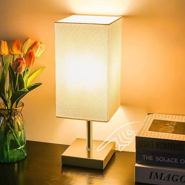 Touch Control Table Lamp,3-Way Dimmable Bedside Lamp Nightstand Lamps with White Fabric Shade for Bedroom Living Room,6W LED Bulbs Included