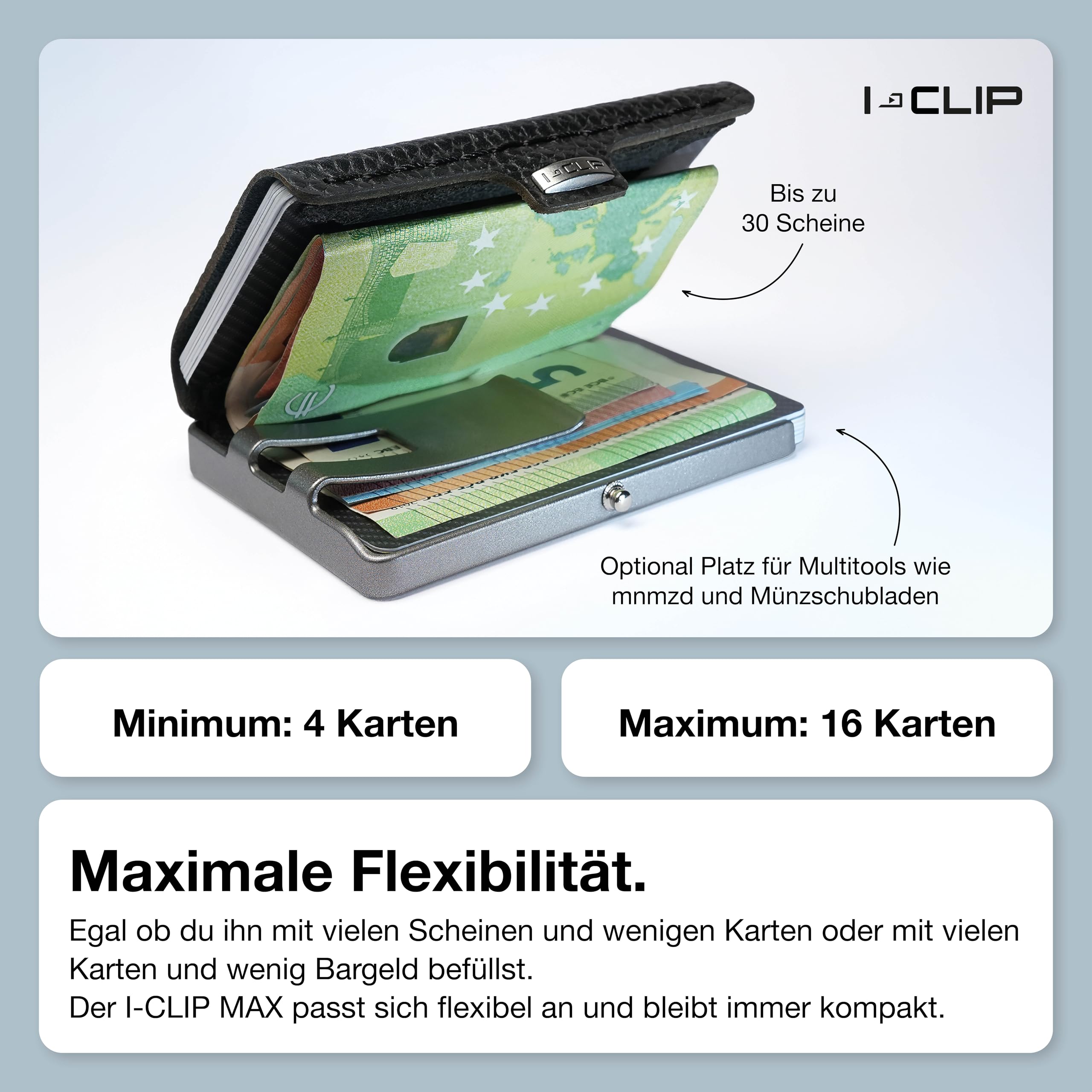 I-CLIP MAX Original Pure Schwarz - Geldbeutel - Slim Wallet mit Platz für 16 Karten - Geldscheinklammer für bis zu 30 Geldscheine - leichtes und Flexibles Portemonnaie