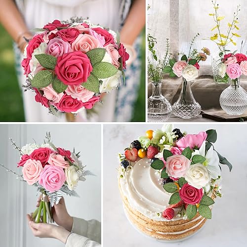 Miniatura 5 de AmyHomie Serie de rosas artificiales de color rojo, 25 unidades, rosas falsas de aspecto real con tallo para ramos de boda, centros de mesa,