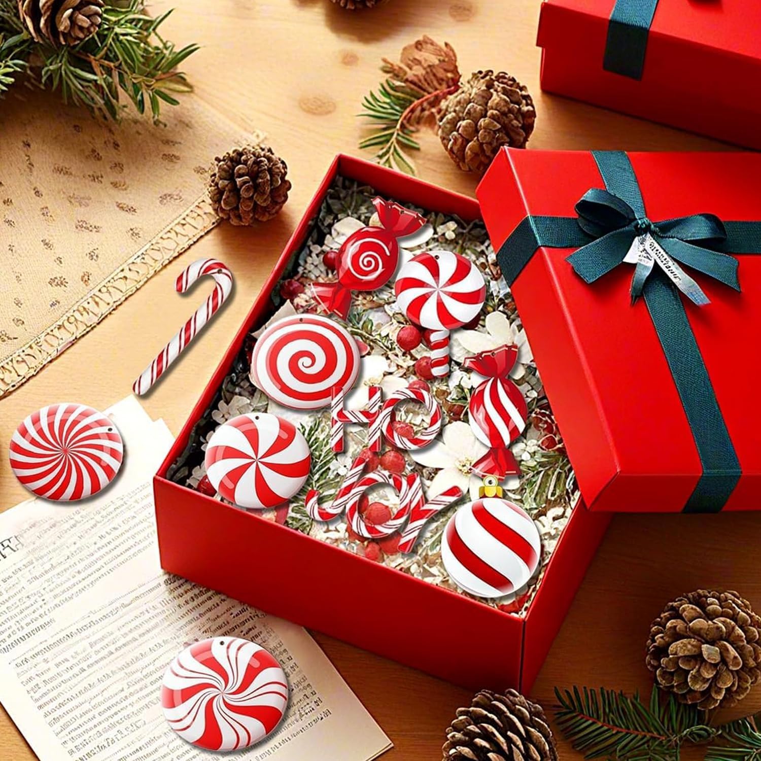 36 Pcs Red White Christmas Peppermint Candy Cane Hanging Ornaments Candy Lollipop Pattern Decorations with Rope fo DIY Craft Xmas New Year Party Favors