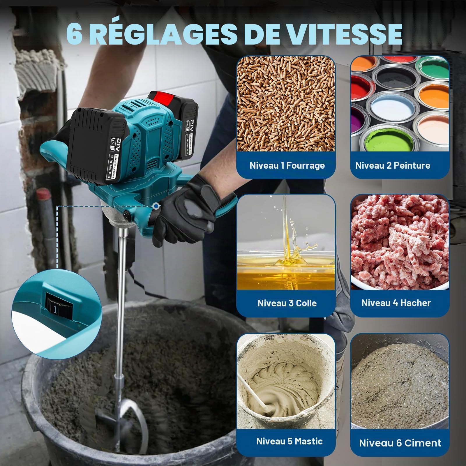 Malaxeur Mortier sans fil avec 2 piles, Mélangeur de mortier de couleur, 1200 W, mélangeur de ciment, 6 vitesses, interrupteur verrouillable, ergonomique, mélangeur industriel pour peinture
