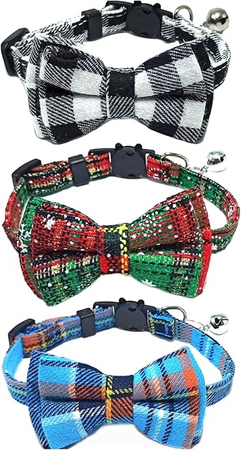 3 Pack Christmas Cat Collar with Bell and Bow Tie, Quick Release Safety Soft Collars for Kitten and Cats