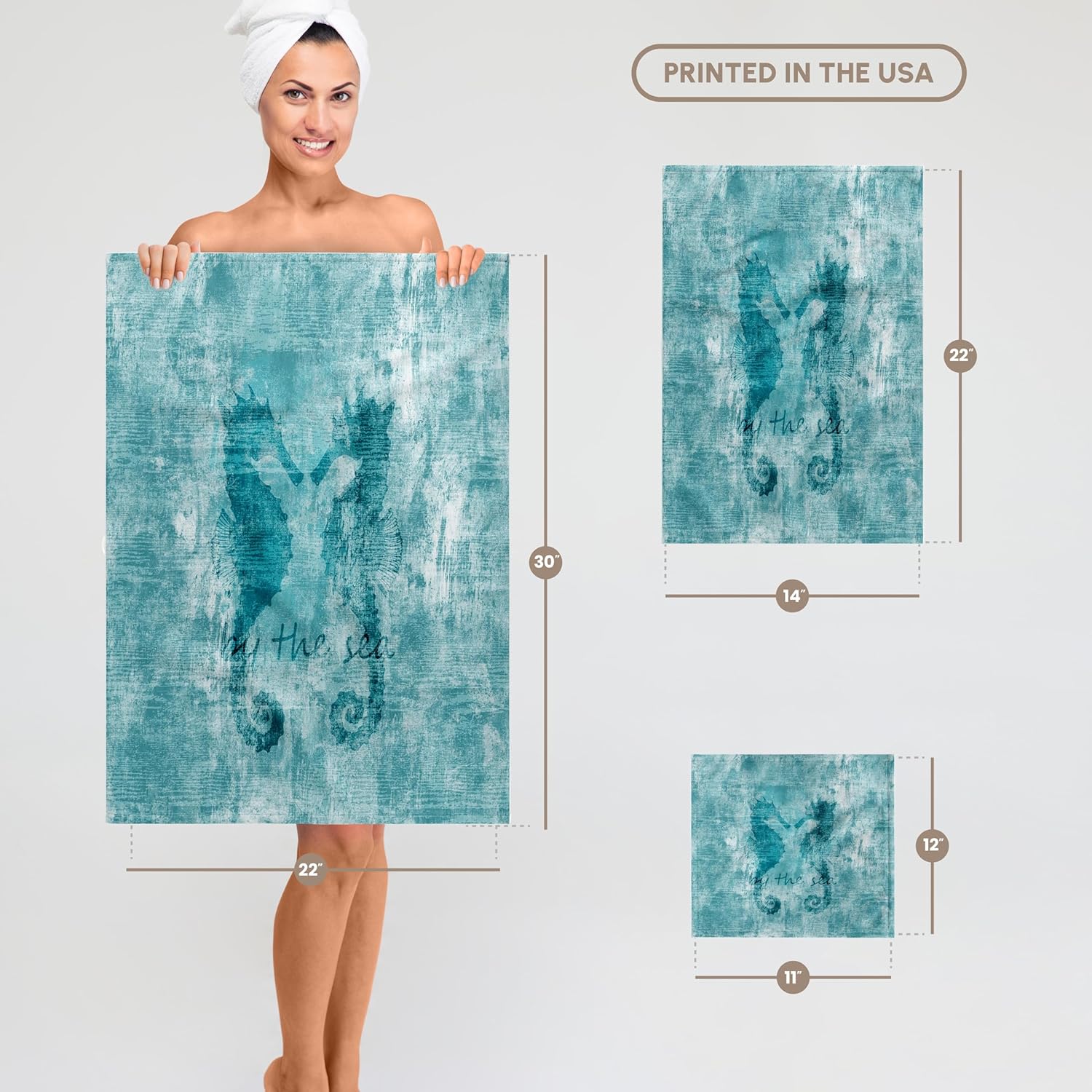 3dRose Aqua Nautical Beach Sea Horses 22x30 Bath Hand Pool Towel