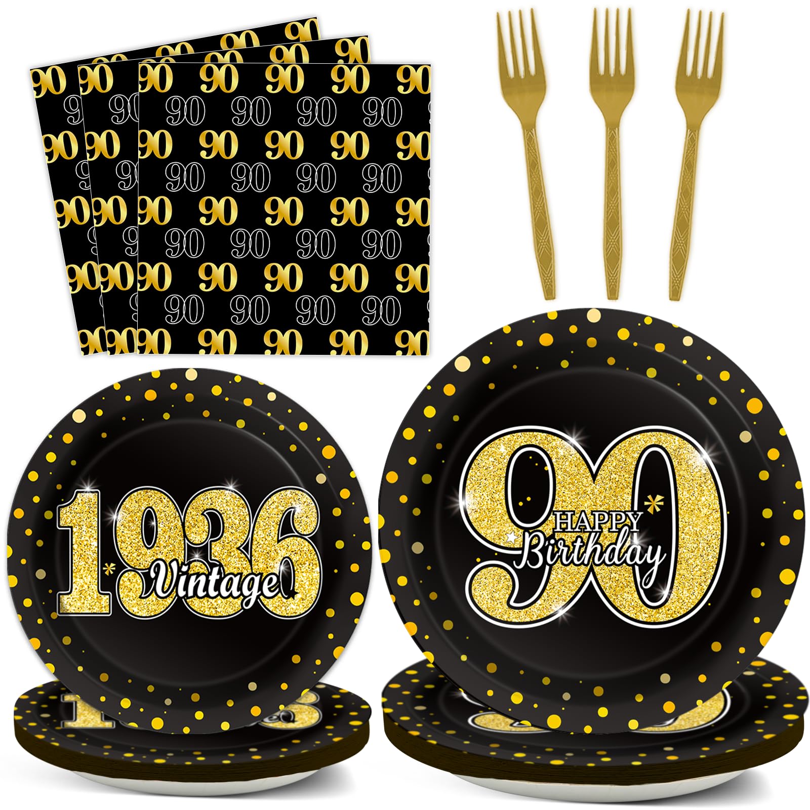 96PCS 90th Birthday Party Decorations Vintage 1936 Paper Plates Napkins