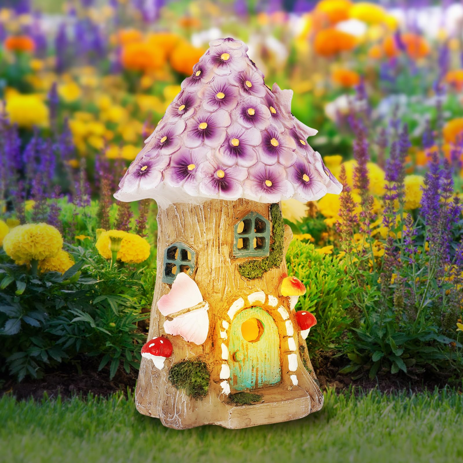 Ghshanog Garden Ornaments Outdoors,Solar Fairy Mushroom Houses, IP44 Waterproof Outdoor Decoration Accessories,Resin Garden Cottage Statue for Indoor Outdoor Decor(Purple)