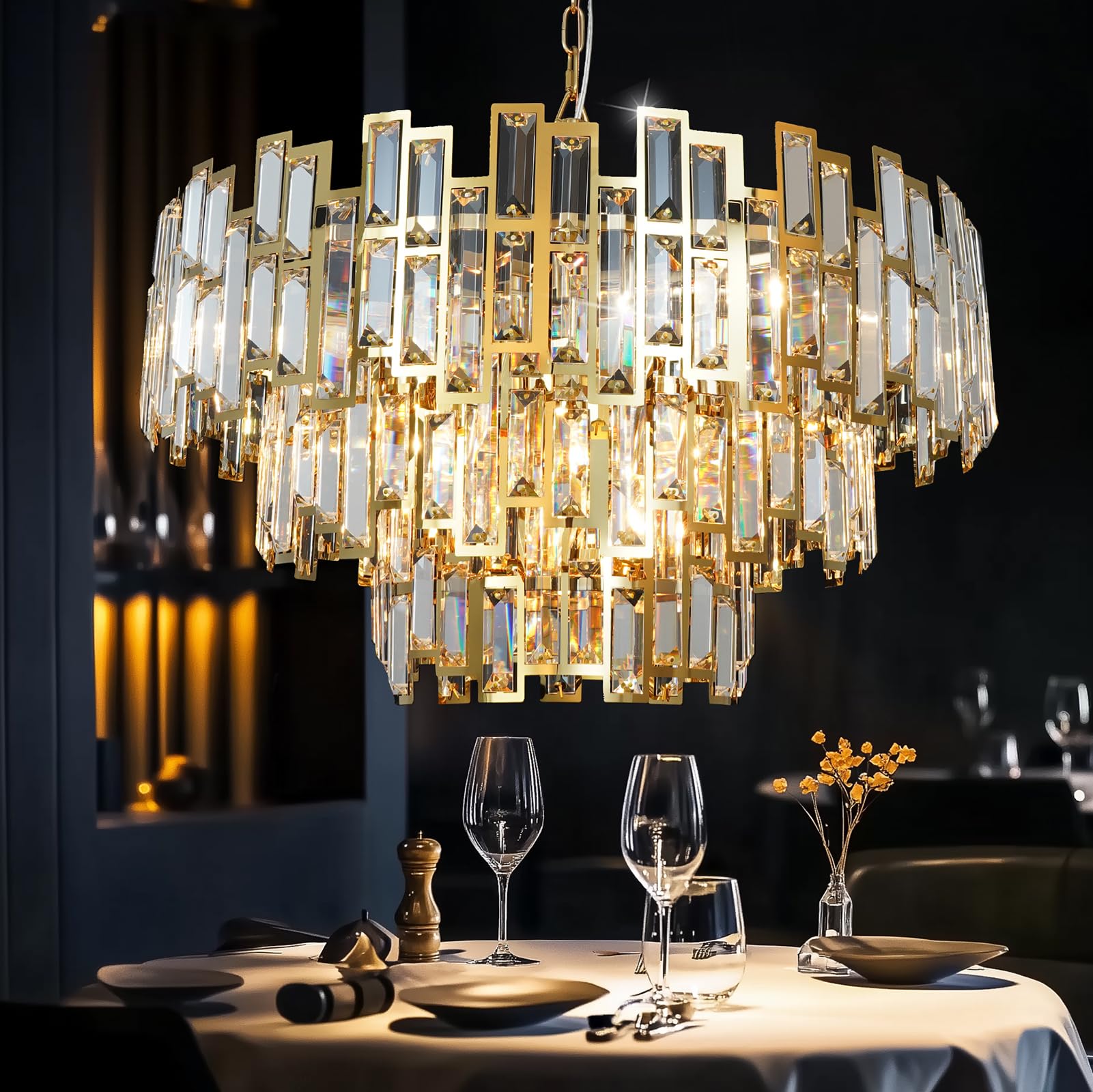 Modern Crystal Chandelier Gold Round Chandelier for Dining Room 10 Light Ceiling Pendant Light Fixture Luxury Gold Hanging