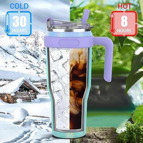 Miniatura 10 de Vaso de 40 onzas con asa y popote abatible, vaso de acero inoxidable aislado con tapa para sorbopopote 2 en 1, taza de viaje a prueba de fugas, cabe