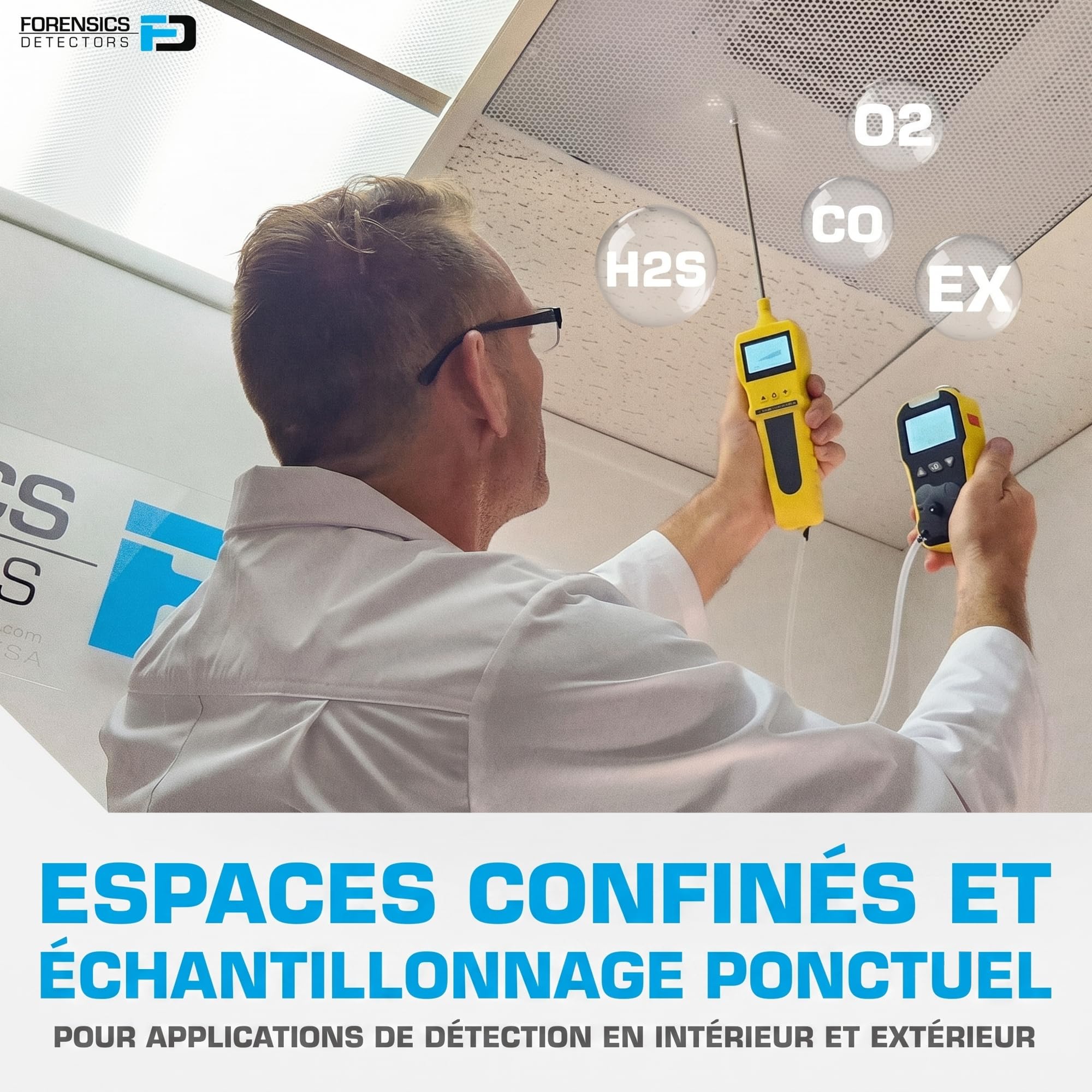 Détecteur 4 Gaz avec Pompe Forensics | O2, CO, H2S, LEL | Recharge USB | Grand Écran Rétroéclairé | Certificat d'Étalonnage UE