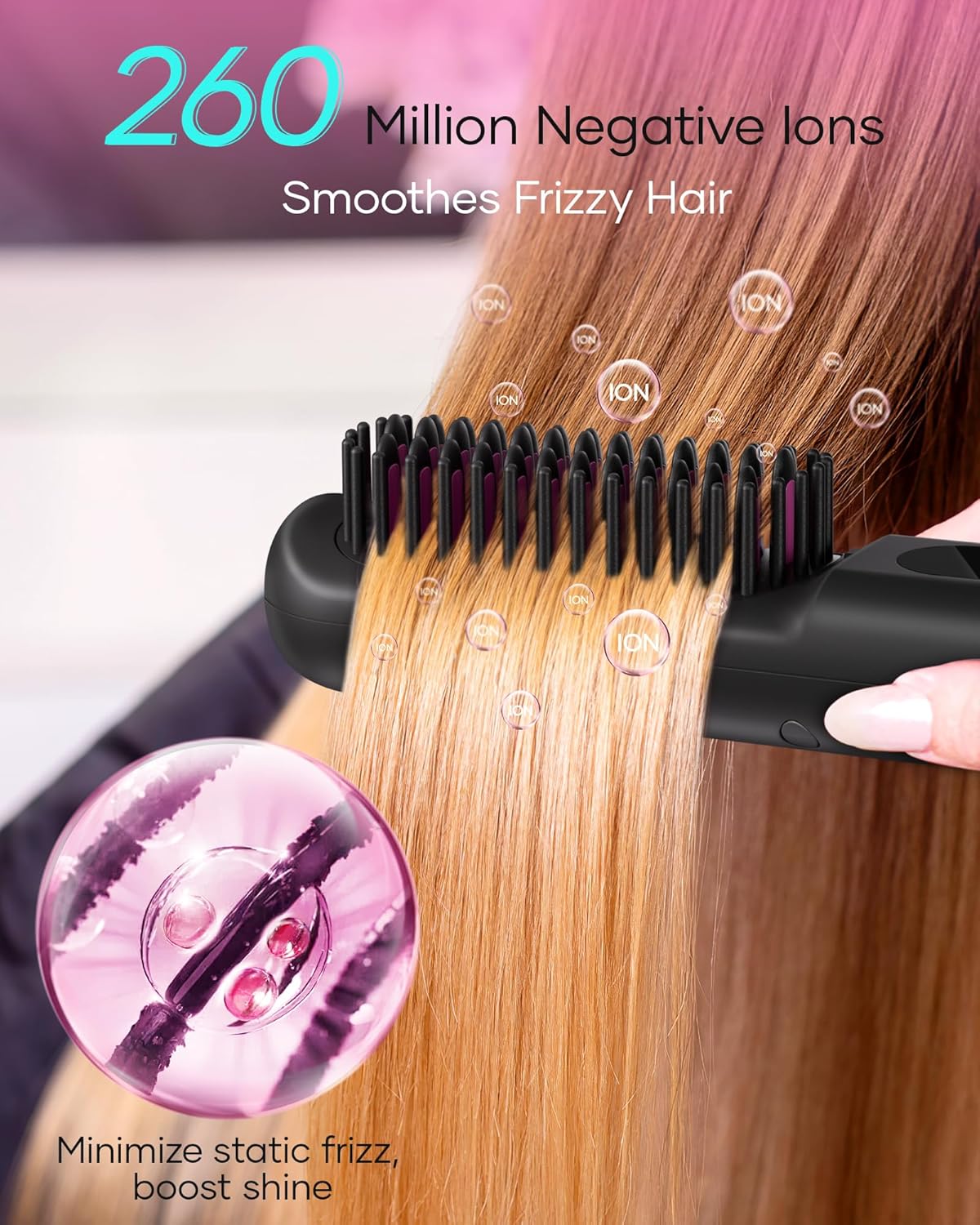 Cordless Hair Straightener Brush: Portable Hair Straightener for Travel - Negative Ion Hot Comb Hair Straightening Brush for Women, USB Rechargeable, Long-Standby, Anti-Scald