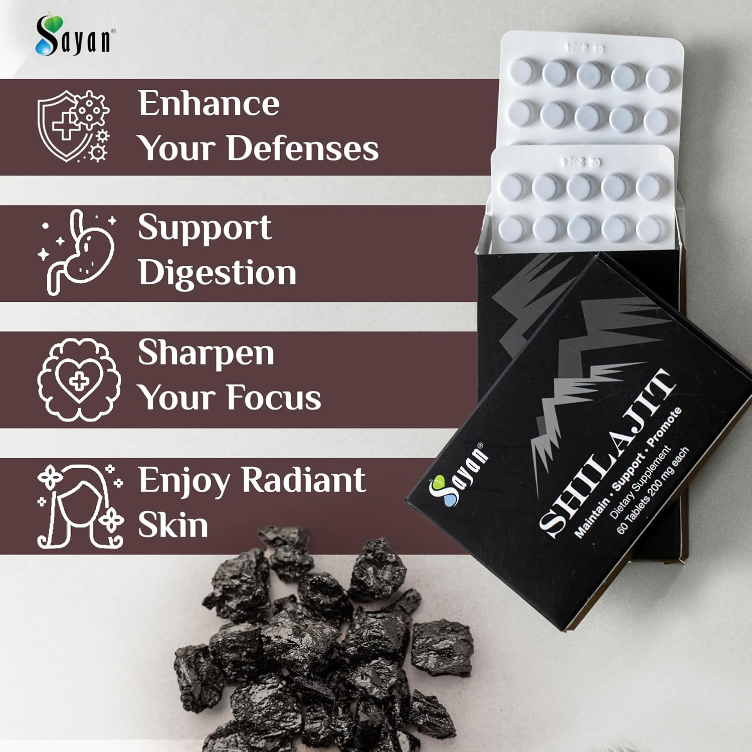Sayan 100% Pure Shilajit Tablets,12,000mg High-Potency Supplement, More Effective Than Resin & Capsules, 85+ Trace Minerals Sourced from 10,000ft Lab-Tested for Purity. 60 Tablets - 1-2 Month Supply - Image 2