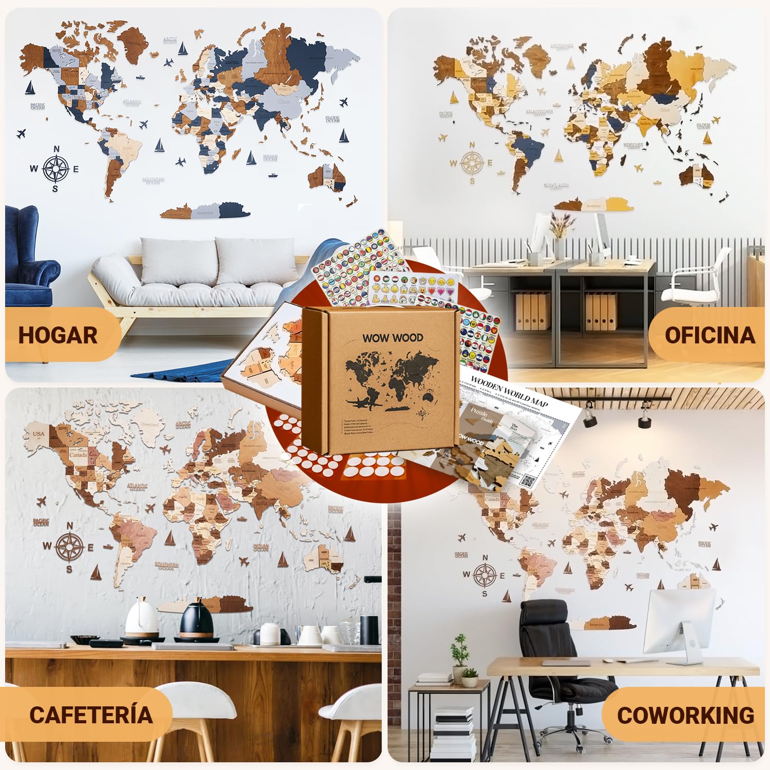 Mapamundi de madera 3D para pared en español | sin taladro con adhesivos, plantillas y pines | arte mural para hogar u oficina
