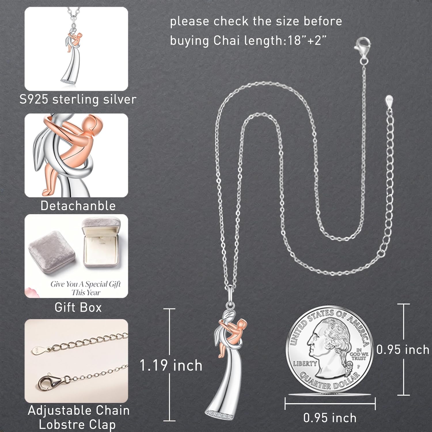 Mothers Day Necklace for Mom Mama Mother Daughter Son Necklace for Women Sterling Silver Hug Pendant Jewelry Gifts Grandmother Daughter Wife
