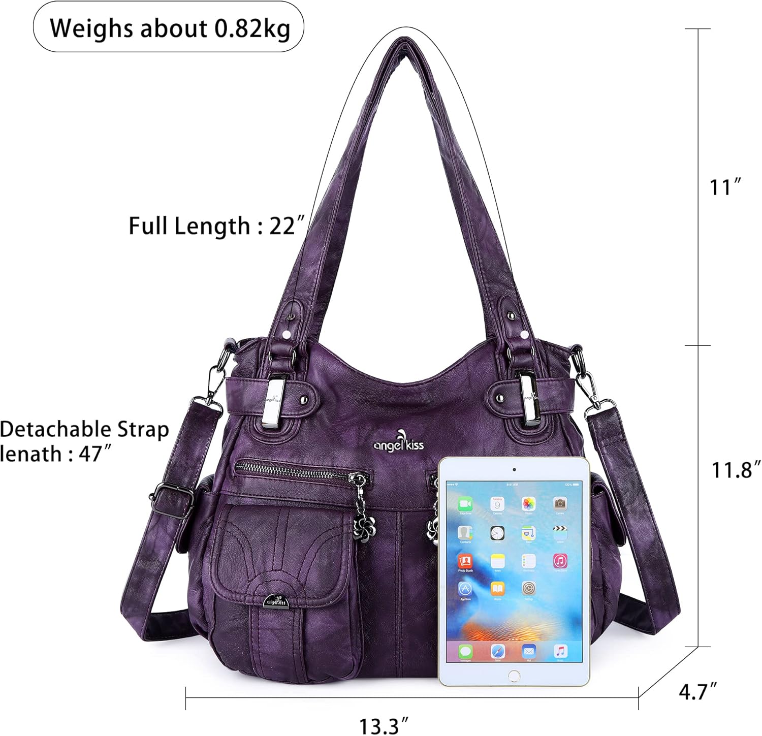 Angel Kiss Women's Designer Handbag Large Double Zipper Multi Pocket Washed Leather Purse - Image 3