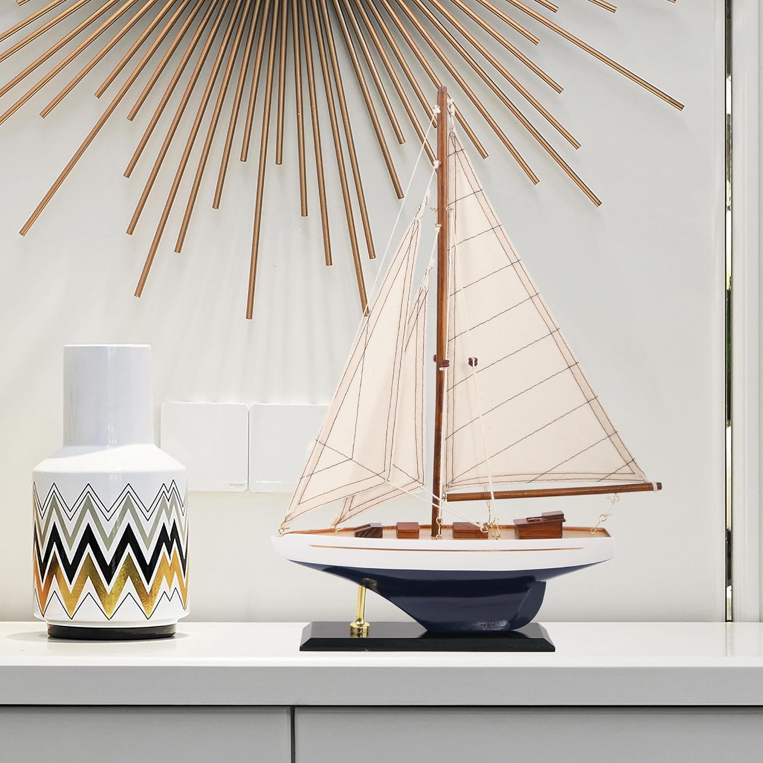 NAUTIMALL 16" Wooden Sailboat Decor Classic Columbia America's Cup Ship Model Nautical Yacht Gift for Son (SB28-BlueWhite)