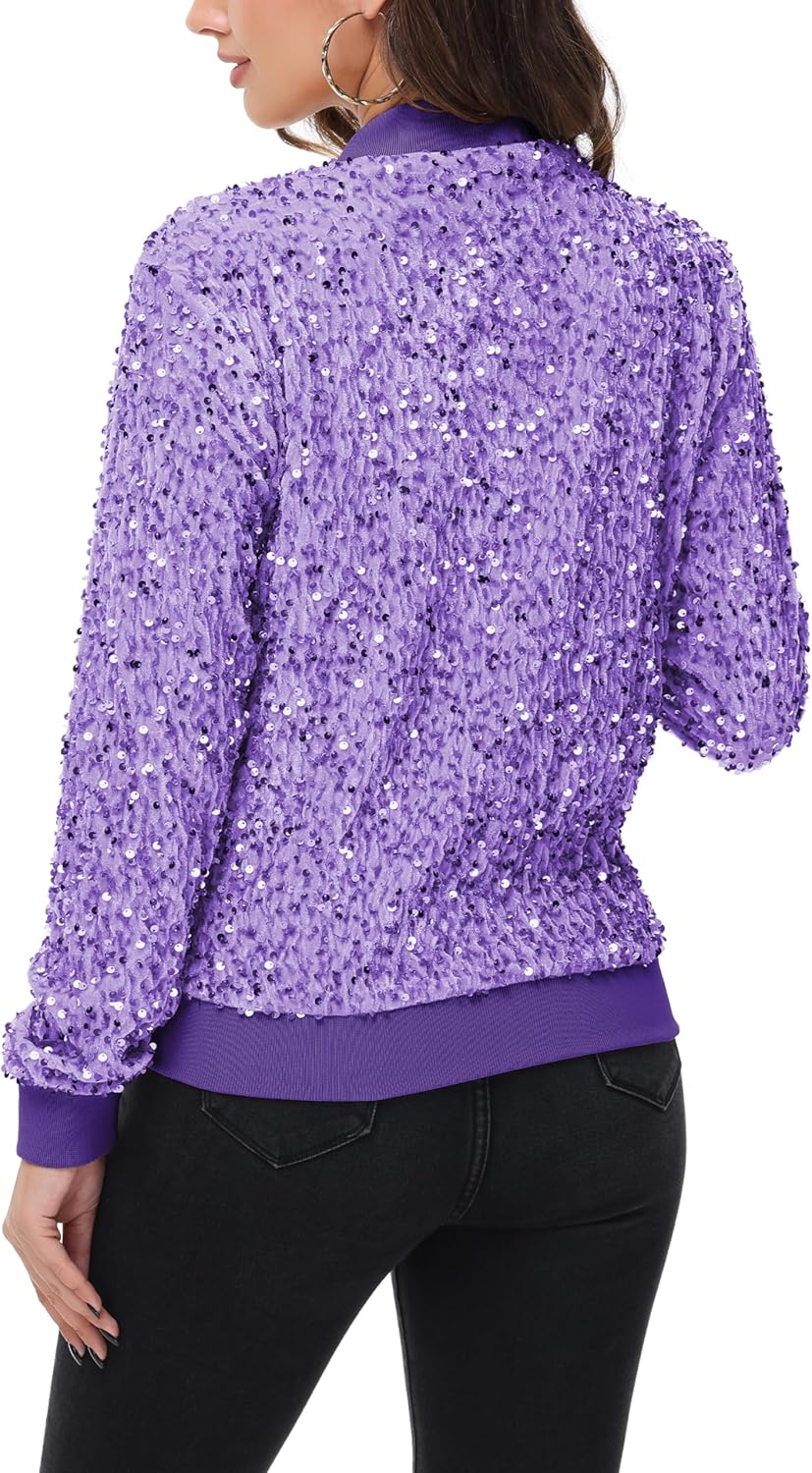 Anna-Kaci Women's Sparkly Sequin Jacket Zipper Long Sleeve Glitter Sequin Bomber Jacket with Pockets - Image 4