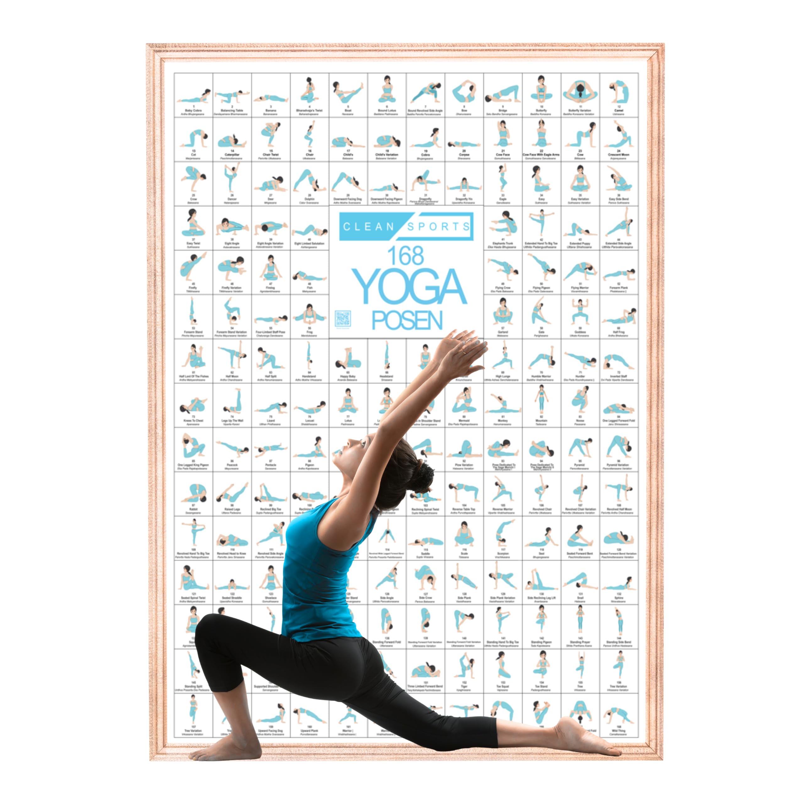 CLEAN SPORTS Póster de yoga DIN A1 con 168 asanas y poses de Hatha • Práctico póster de asanas para ejercicios en casa o en el estudio • Idea de regalo para principiantes y profesionales • Elegante