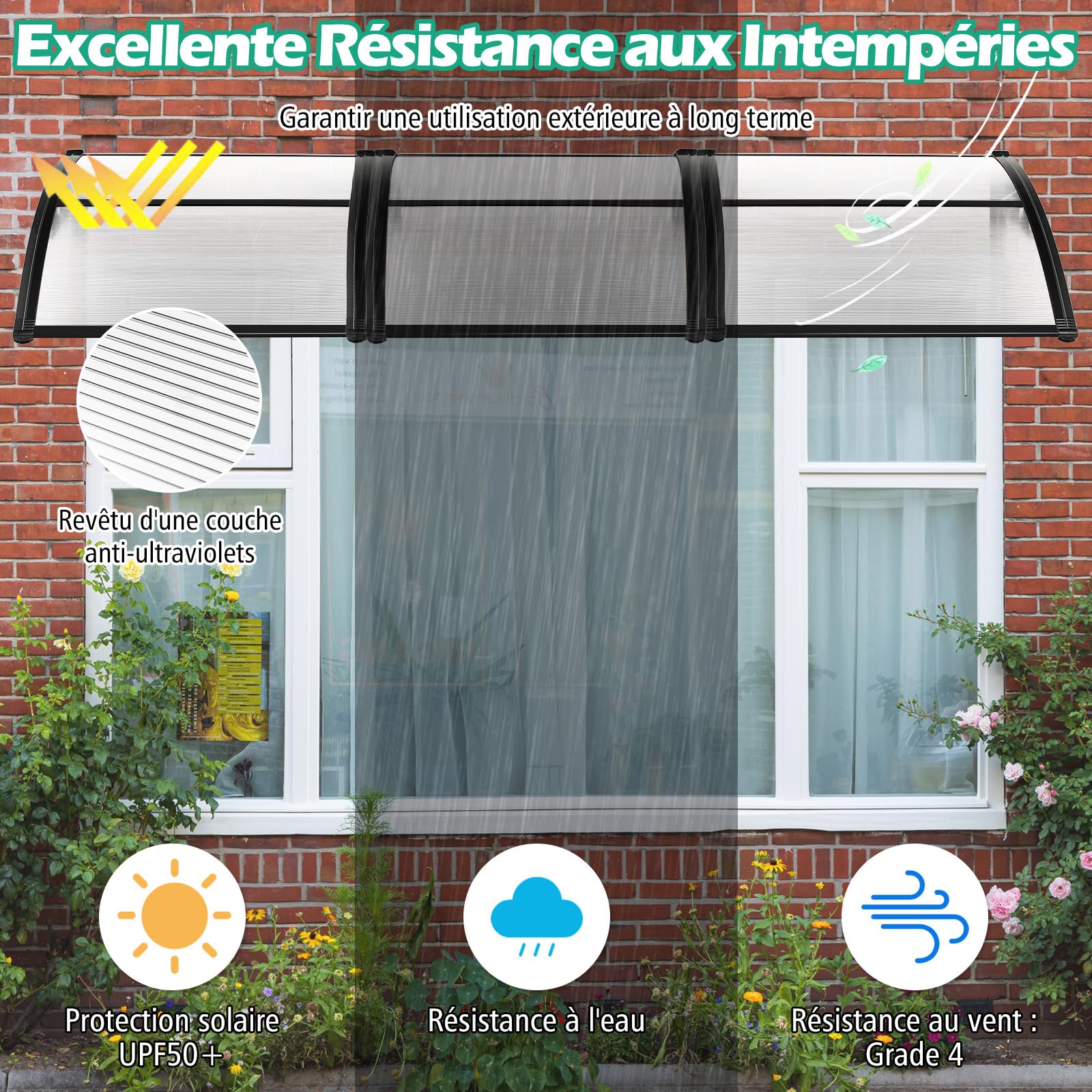 RELAX4LIFE Marquise de Porte Exterieur 150x100 CM, Auvent Porte d’Entrée en Polycarbonate, Protection Contre Pluie et UV, Auvent Marquise Aluminium pour Terrasse Balcon Patio