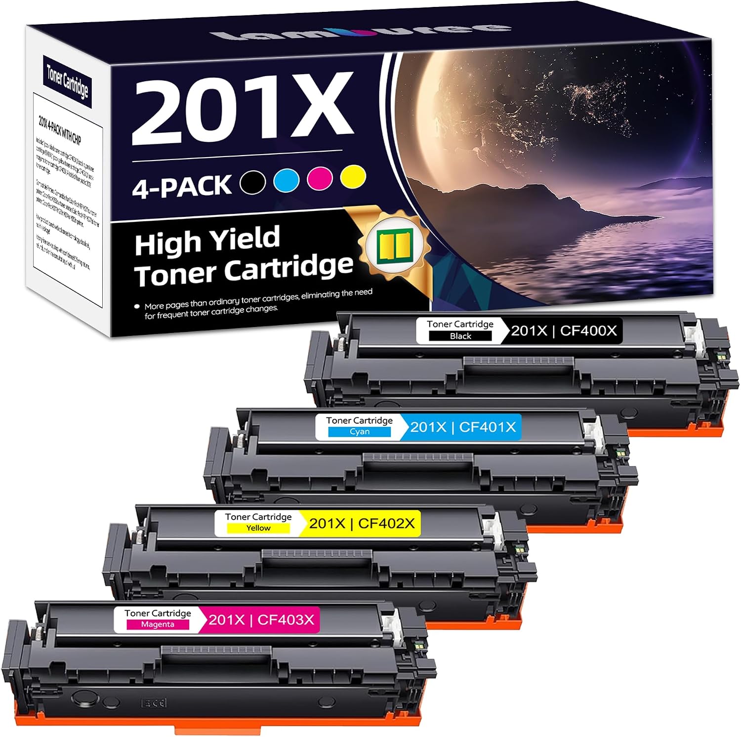 201X Toner Cartridges 4 Pack High Yield with Chip Replacement for HP 201X 201A Color Pro MFP M277dw M252dw M277n M277c6 Printer CF400X (Black, Cyan, Magenta, Yellow)
