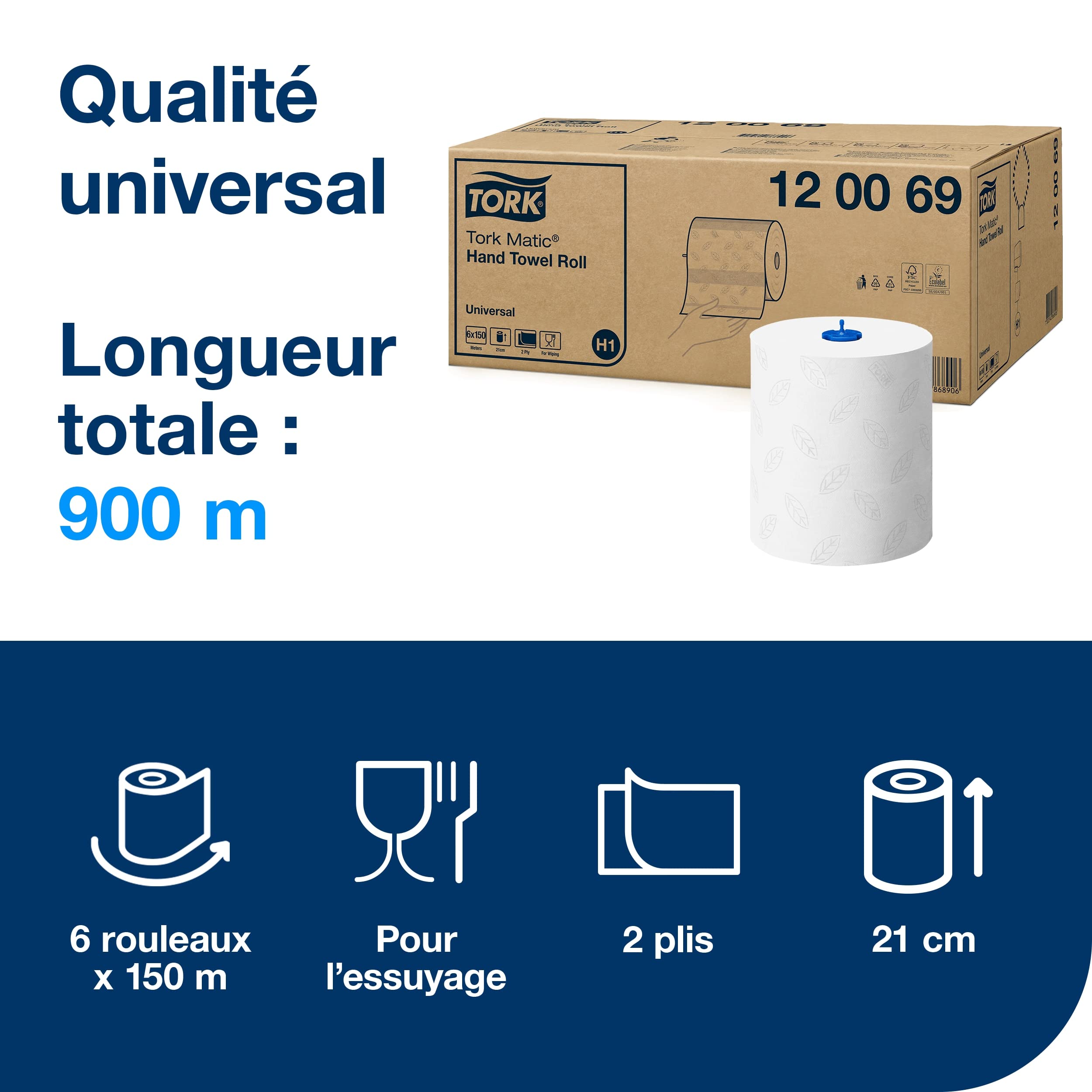 Tork Matic Rouleau d'essuie-mains blancs H1, Universal, gaufrage pour un séchage efficace, 6 rouleaux de 150 m, 120069