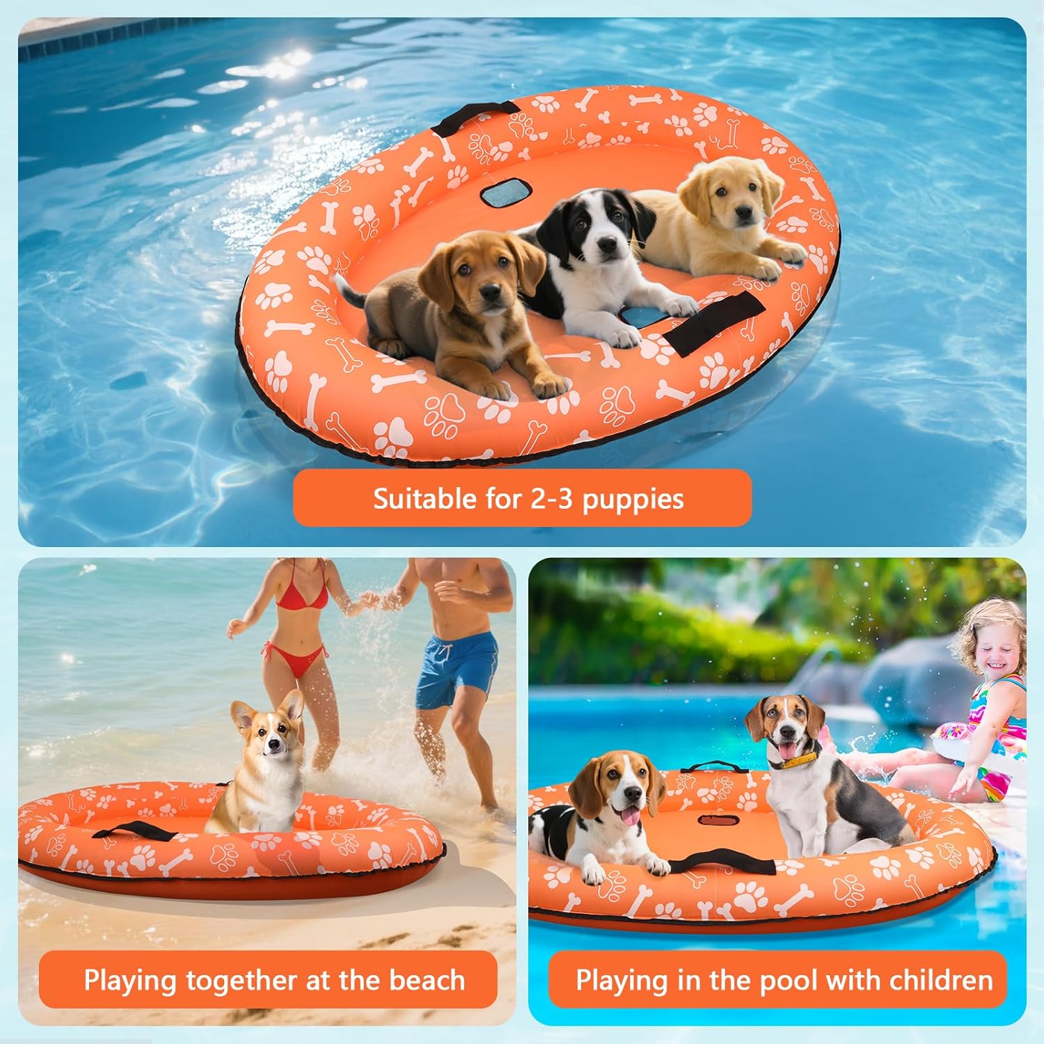 59'' x 39''Inflatable Dogs Pool Float with Rope - Tear Resistant Oxford Stable Support Puppy Floating Raft,Inflatable Summer Doggies Raft Toy for Small Medium Large Dogs Up to 88lb (Orange)