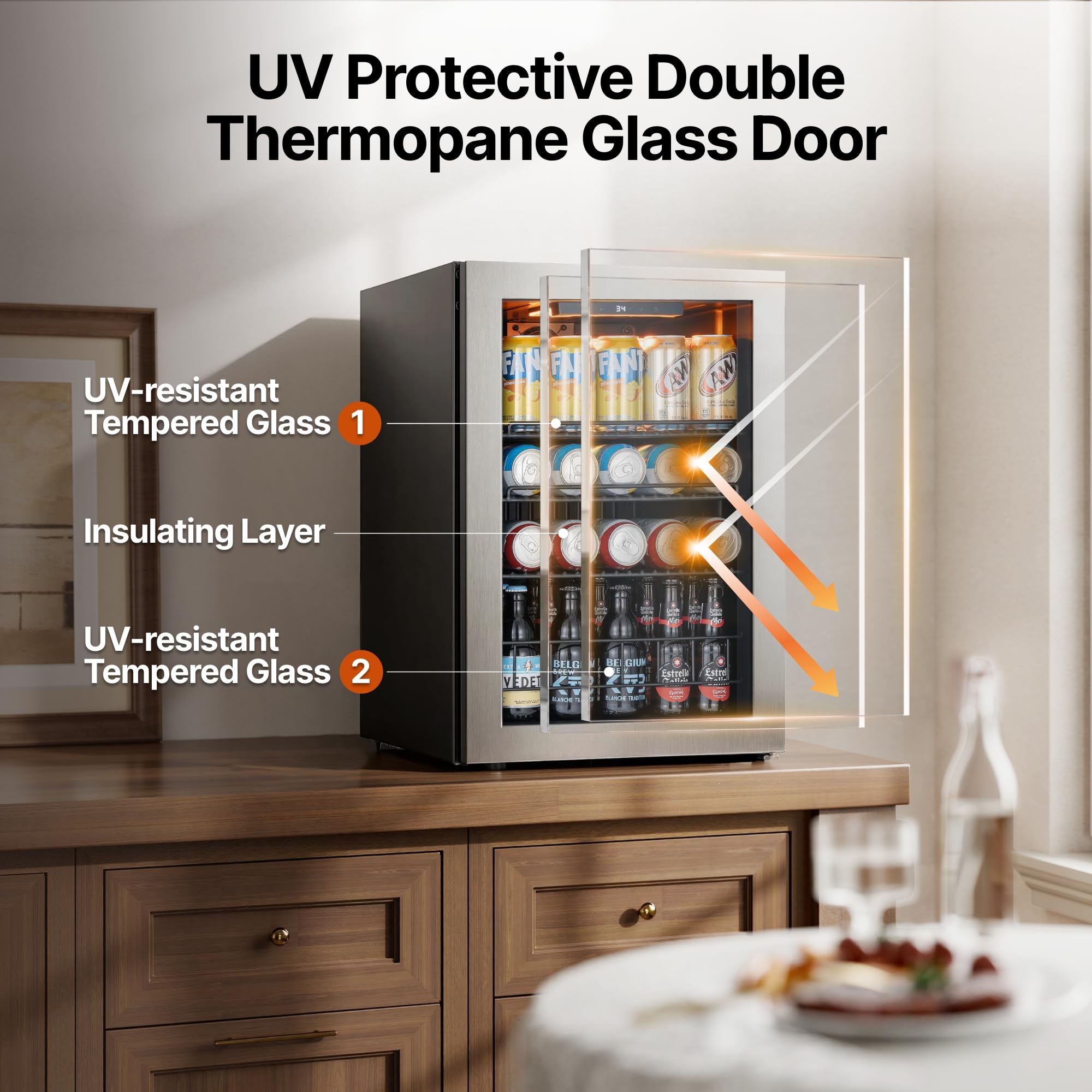 Ca'Lefort Mini Fridge Beverage Cooler, 85 Can Beverage Refrigerator with Reversible Glass Door, Adjustable Shelves for Soda, Beer & Drinks, Digital Temperature Control for Dorm, Office & Home on Fridge.com