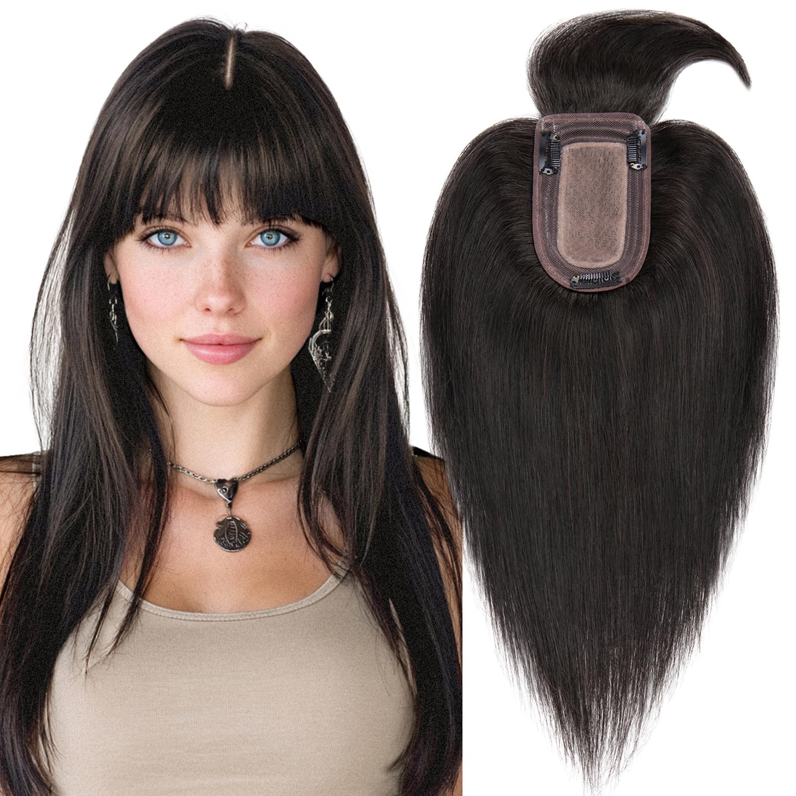 Photo 1 of MY-LADY Human Hair Toppers for Women Real Human Hair with Bangs Thin 7 * 13CM Silk Base with Lace Clip in Remy Hairpieces 150% Density 18 Inch Natural Black