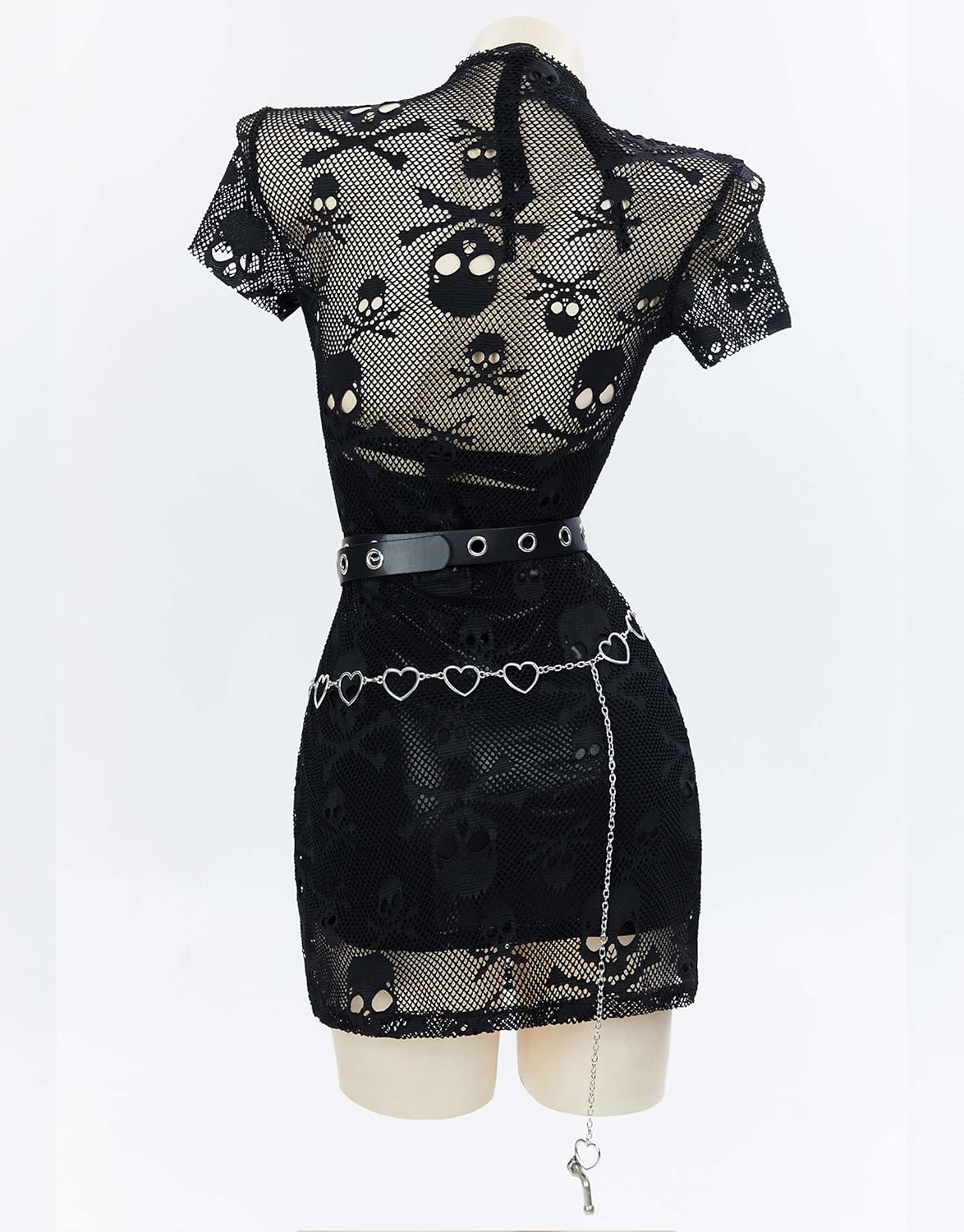 MEOWCOS Women's Cocktail Dress Set Gothic Punk Halter Backless Dress and Lace Mesh Dress with Belt Waist Chain - Image 4