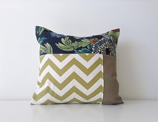 Handmade in Canada Designer Fabric Patchwork Pillow Cover, 15x15", Neutral Contemporary Style - Chevron, Floral, Solid, Minimalist - Urban Decor - Home Decor - Green Chartreuse, Navy Blue