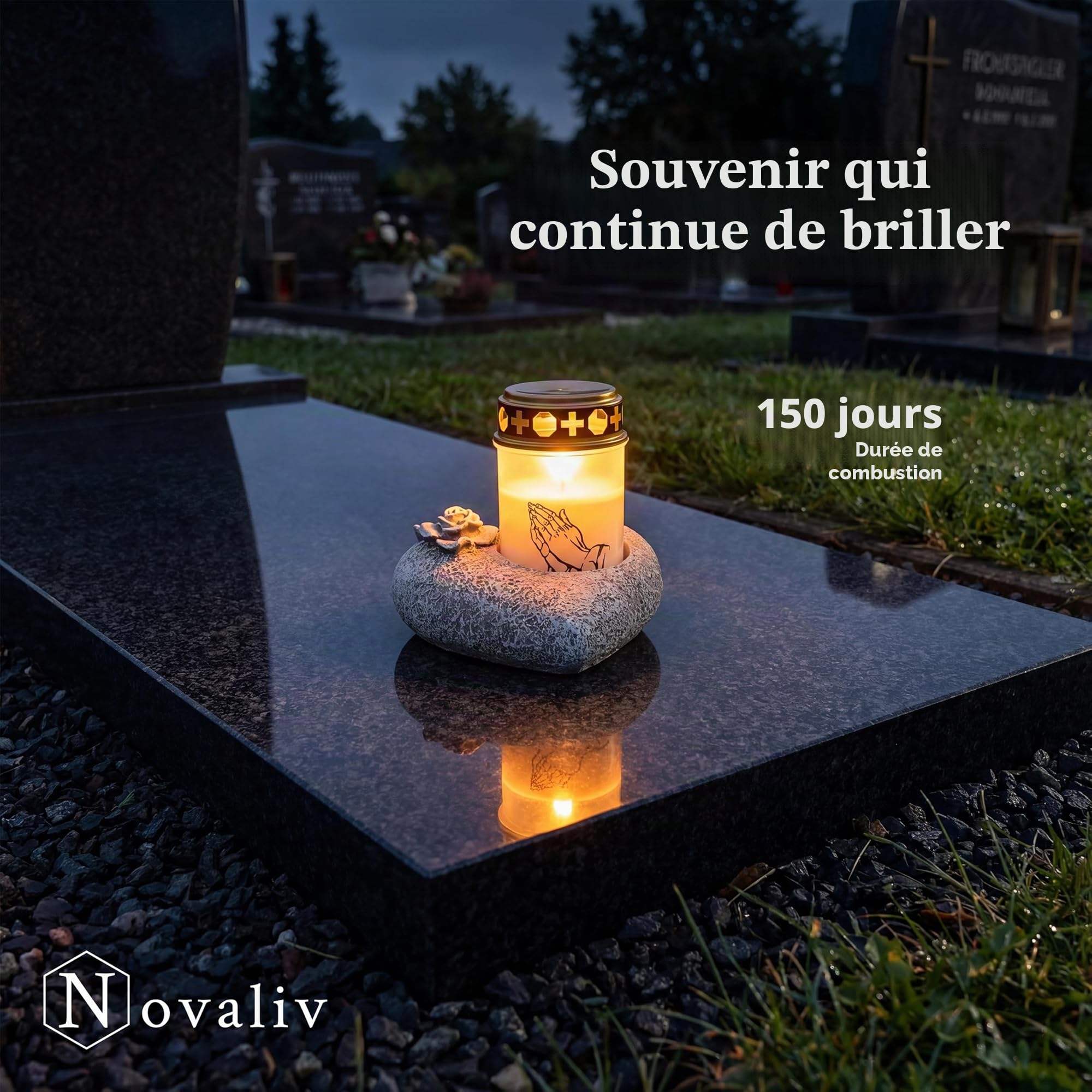 Novaliv Décoration funéraire, en forme de cœur rose, grise, pierre commémorative, avec photophore