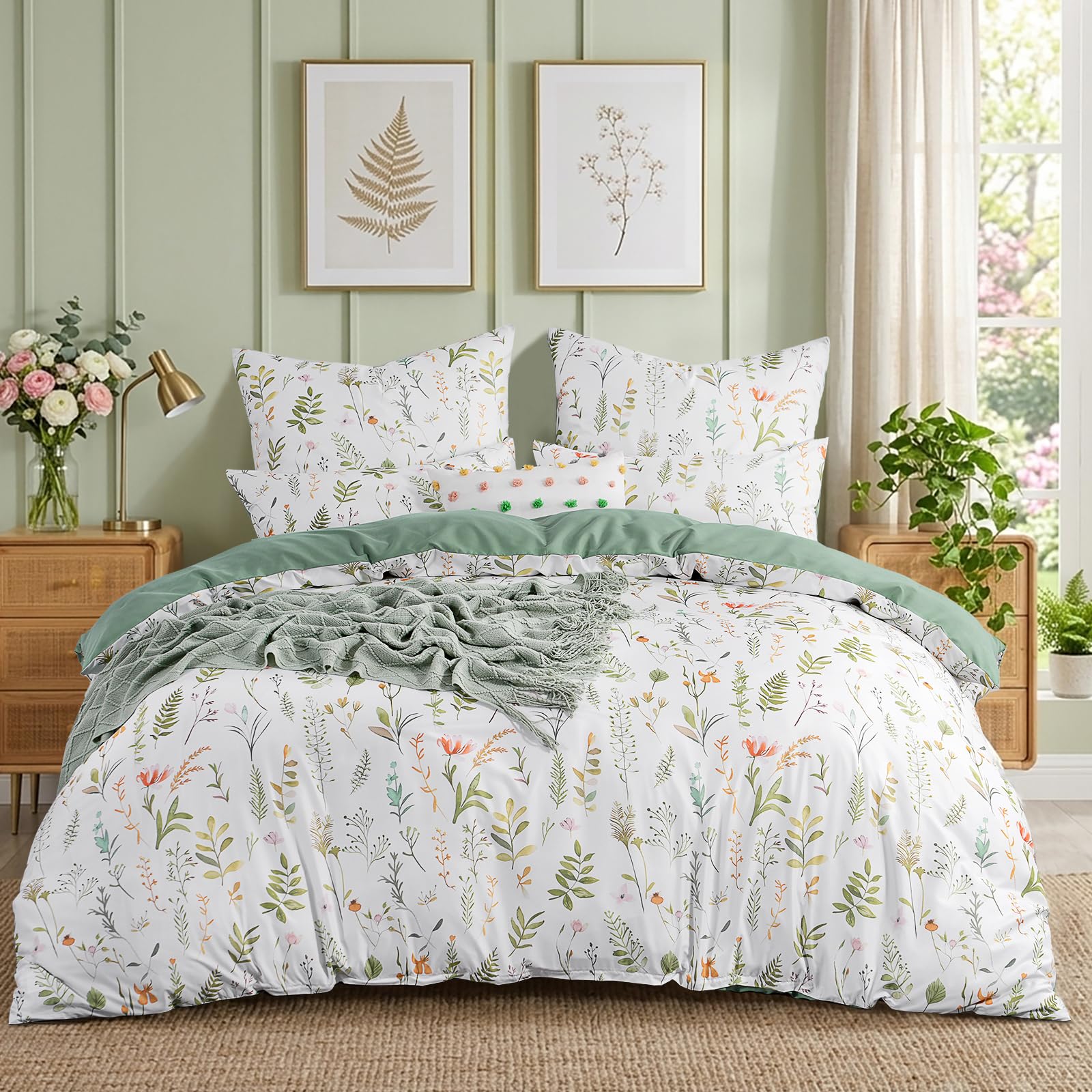 RUIKASI Double Duvet Cover Sets - Floral Double Bedding Set Soft Microfiber Quilt Cover with 2 Pillowcases, Sage Green 200x200 cm