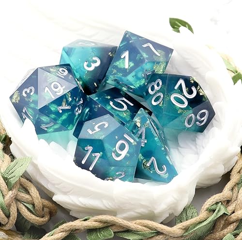 Miniatura 5 de PJOY DND Juego de dados de borde afilado, 7 piezas de dados DND de resina negra y amarilla, dados poliédricos D&D de resina con estuche de dados
