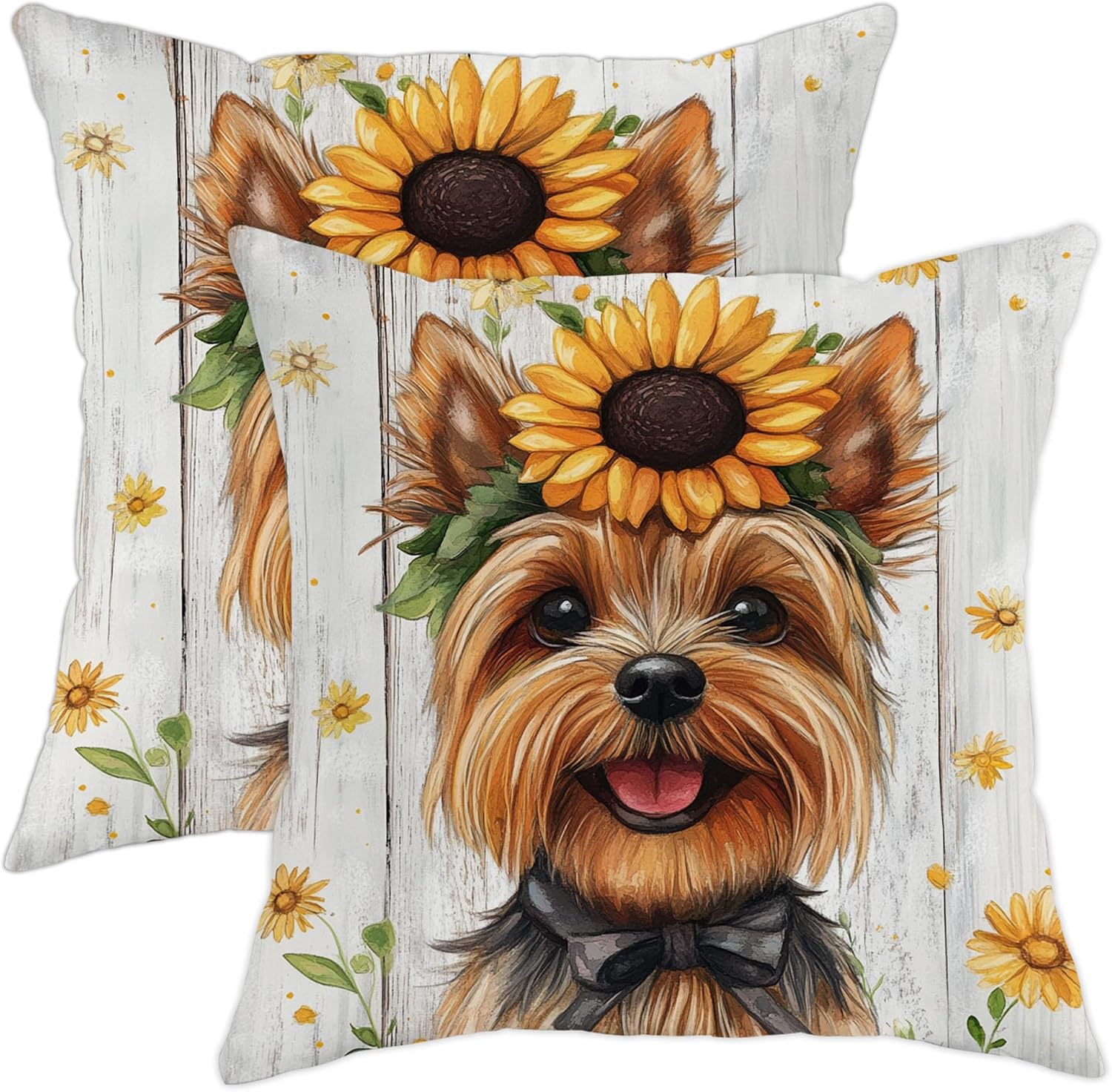 Rustic Wood Yorkie Dog Throw Pillow Covers 16x16 Set of 2, Soft Sunflower Daisy Pillow Cases Kit with Zipper, Pet Puppy Velvet Decor for Couch Sofa Living Room Bed