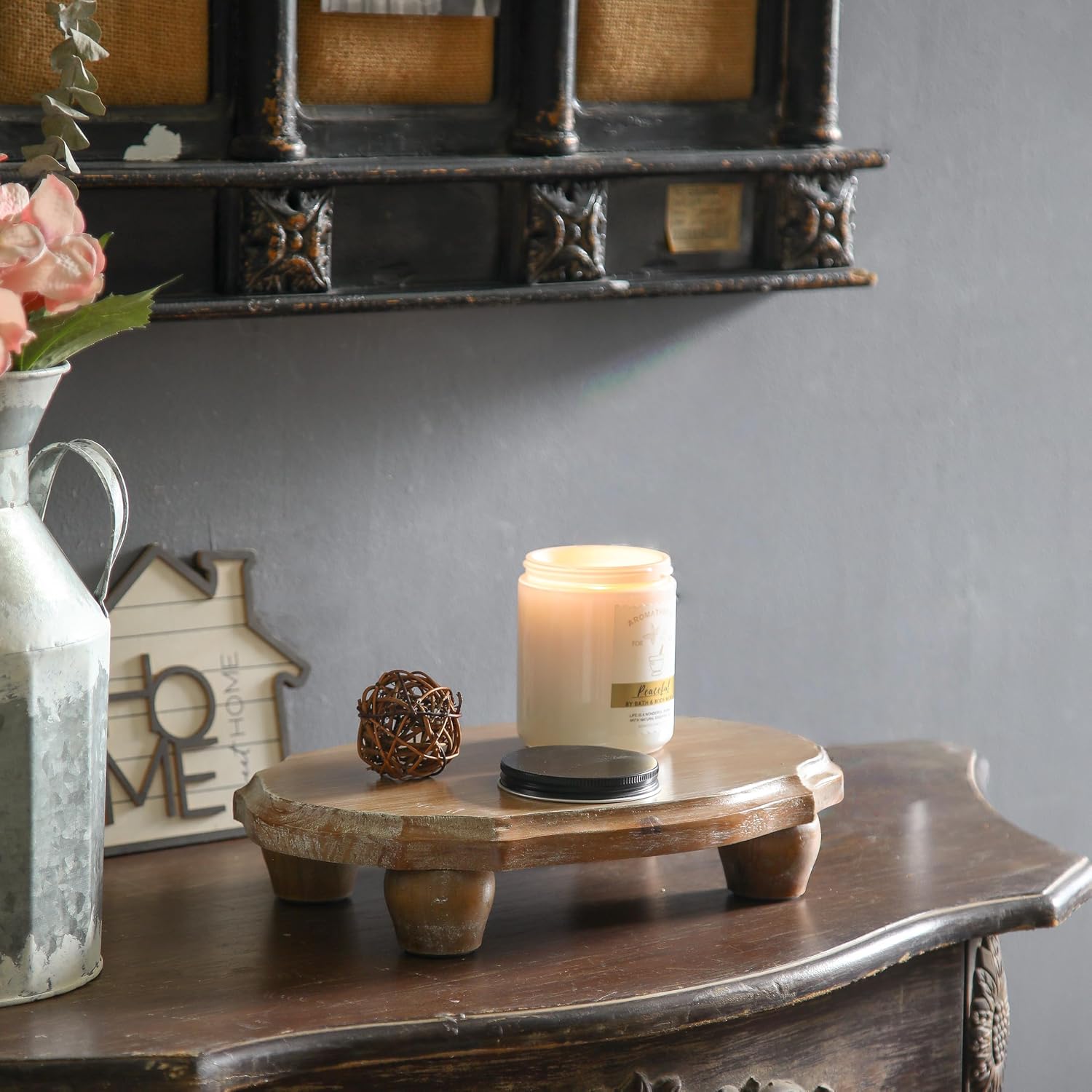 SOFE Wooden Risers for Decor, Farmhouse Pedestal Stand Wood Tray 2.3" Tall | Whitewash Design, Kitchen Counter, Dining Living Room, Suit for Small Planter, Vase, Perfume, Candle, Sponge, Soap, 2.3"H
