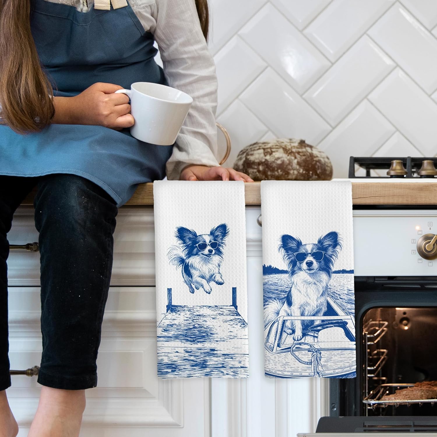 Lake House Decor Papillon Kitchen Towels Set of 2, Summer Funny Lake Dog Coastal Bathroom Hand Towel, Dog Lover Gifts Tea Towel Dish Towels 16x24 Inch - Image 3