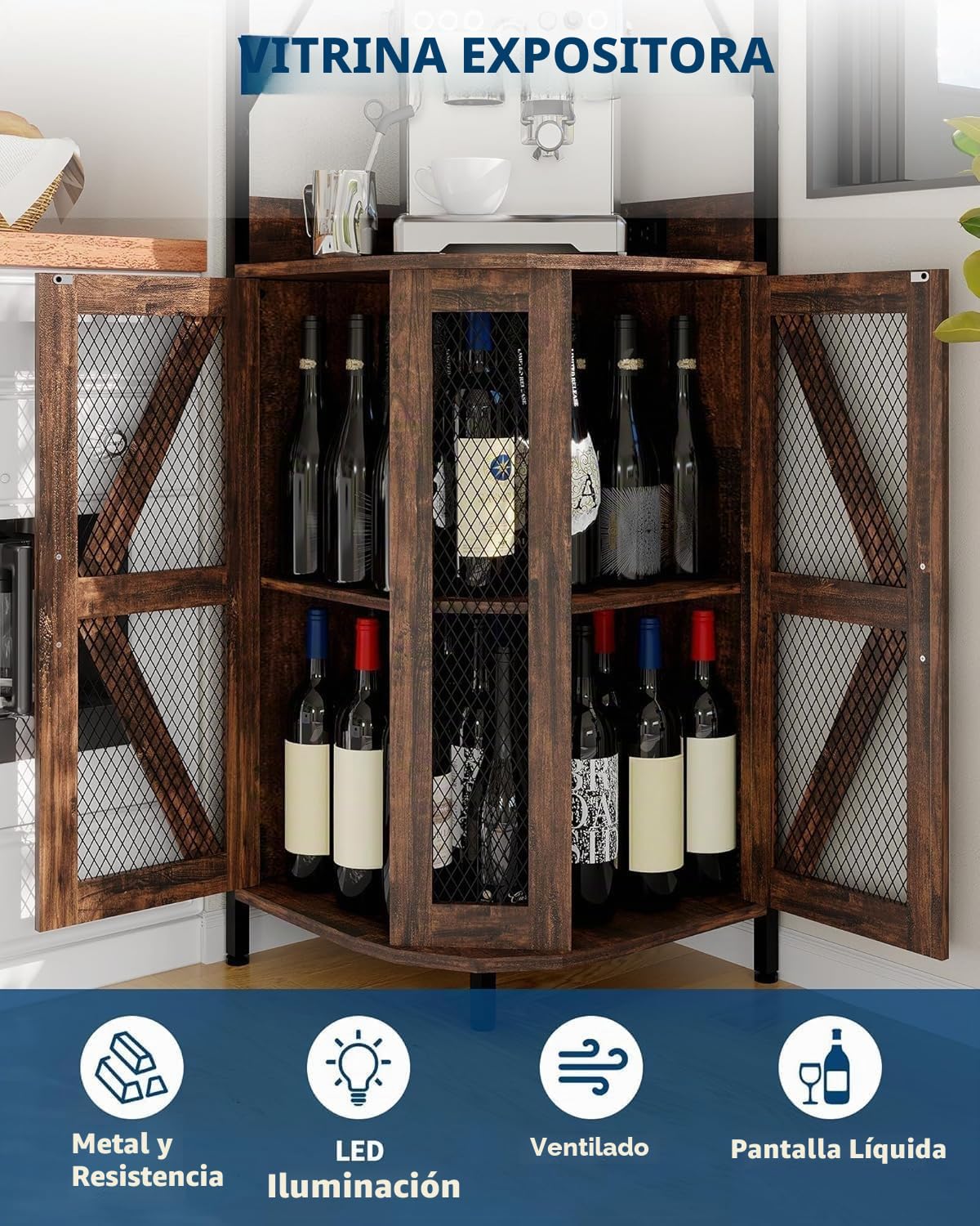 Zstar Armario De Vino Esquinero con Iluminación RGB, Estantes Ajustables y Portavasos, Almacenamiento para 12 Botellas, Diseño Multifuncional De Metal y Madera, Ideal para Hogar y Bar
