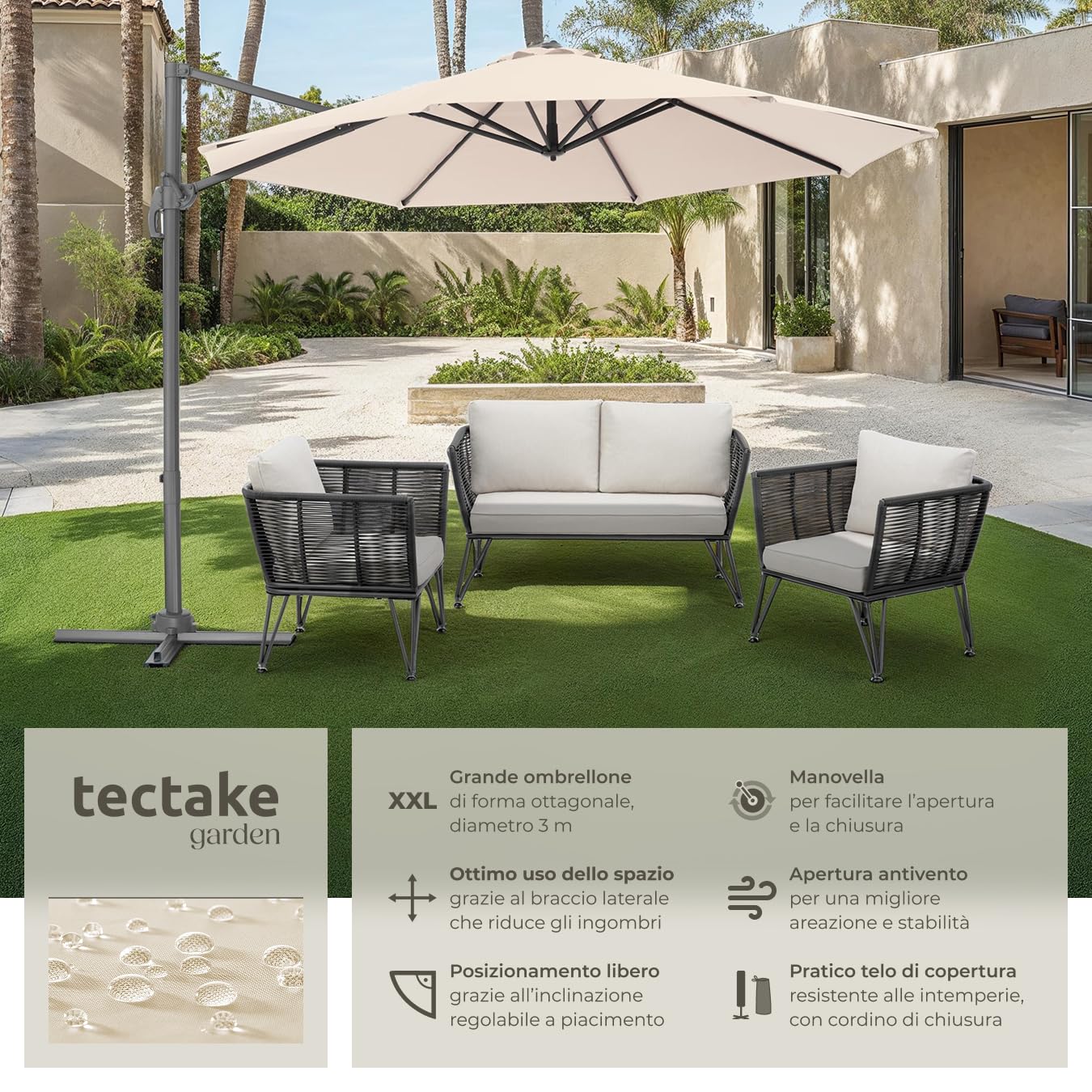 tectake® Ombrellone da Giardino con Palo Laterale in Alluminio, Ombrellone da Esterno Girevole, 6 Gradi di Inclinazione, Resistente ai Raggi UV, Idrorepellente, Ø 300 cm